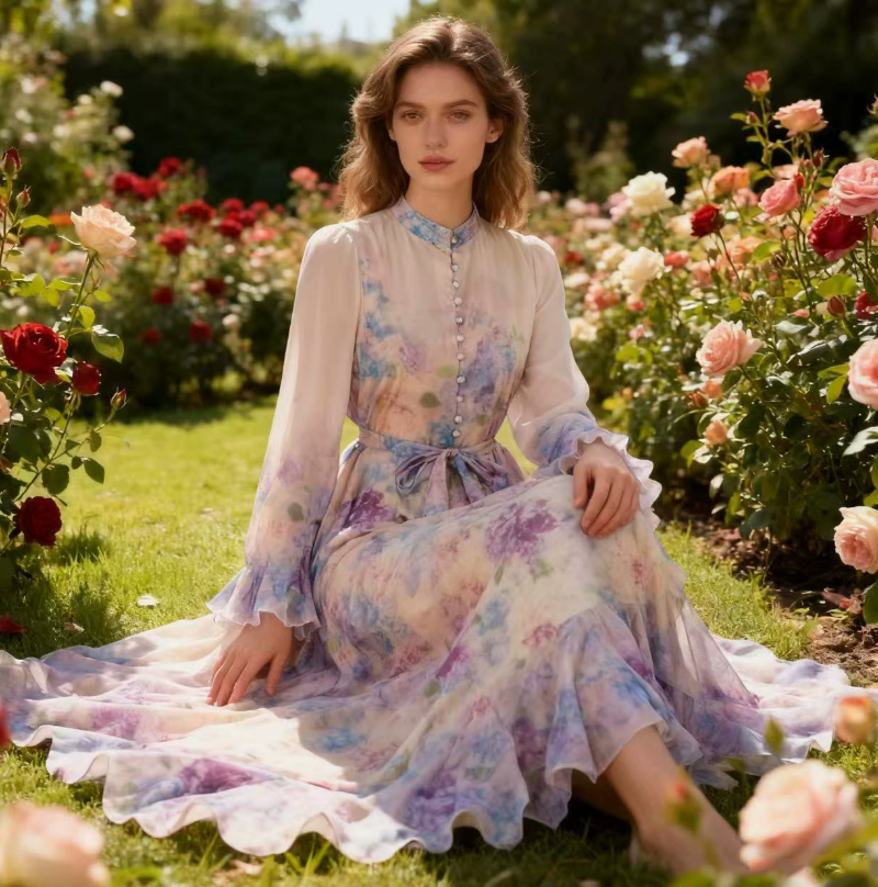 فستان ماكسي بطبعة زهور وأساور مكشكشة