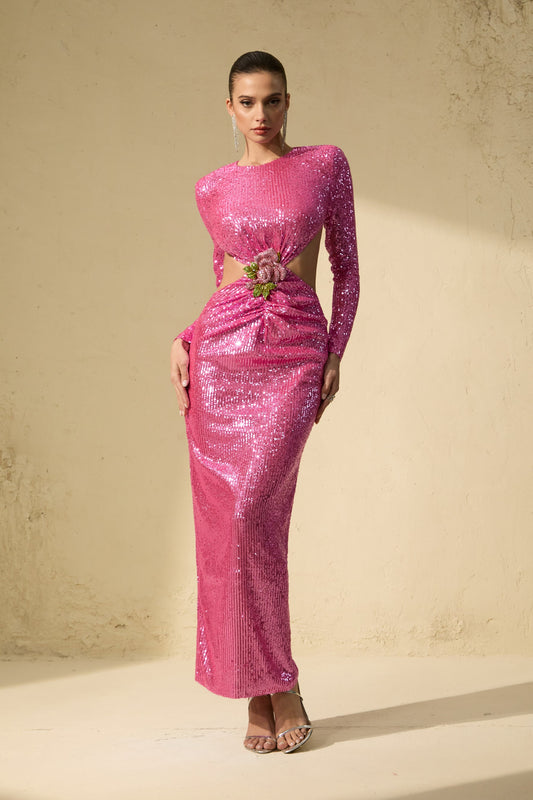 Petra Stunning Pink Sequin Cutout Maxi Dress