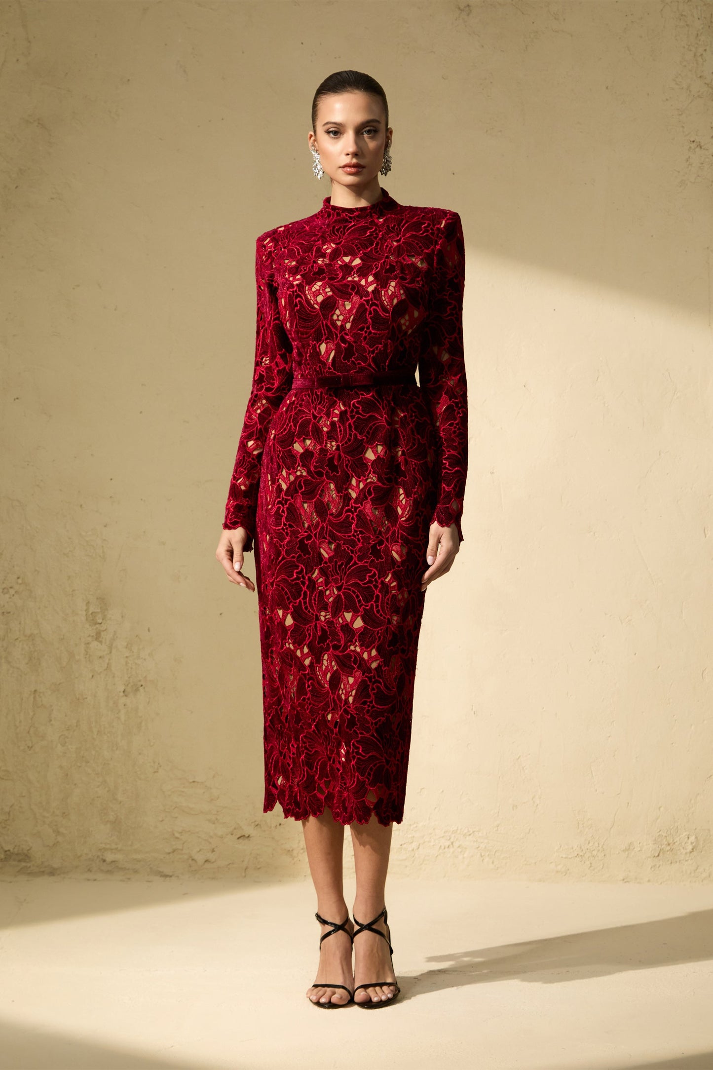 Petra Beautiful Burgundy Floral Lace Midi Dress