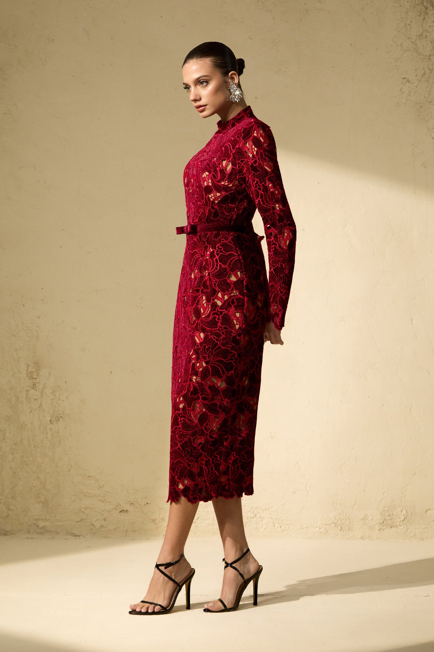 Petra Beautiful Burgundy Floral Lace Midi Dress