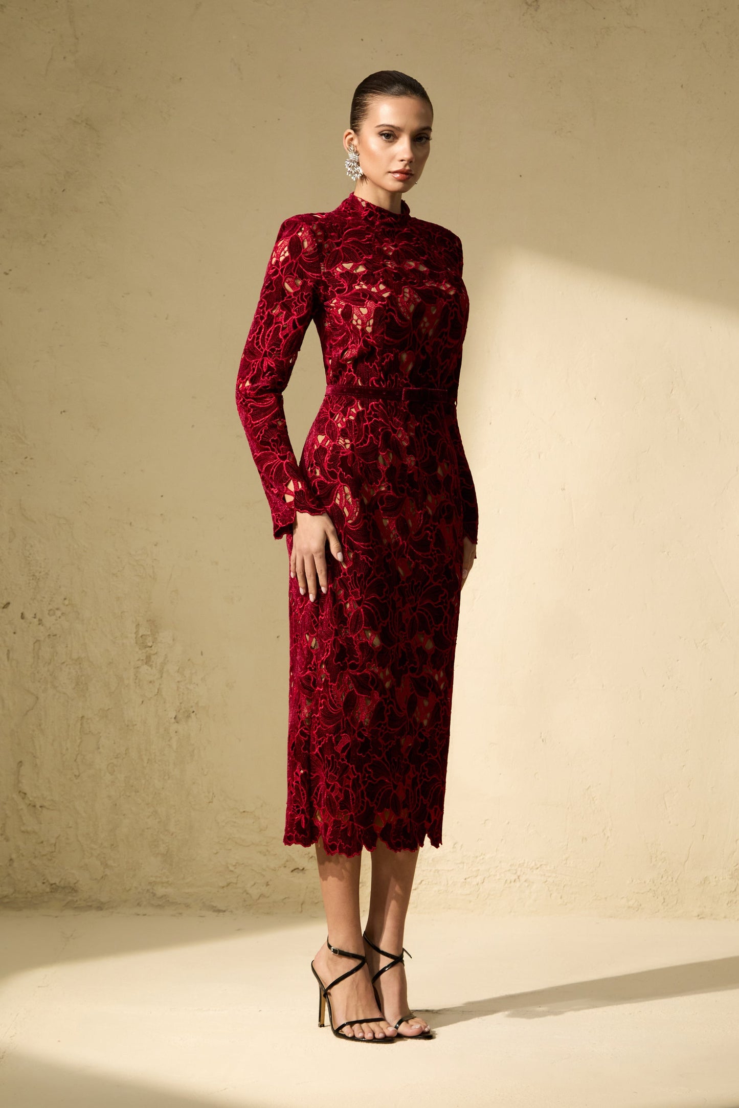 Petra Beautiful Burgundy Floral Lace Midi Dress