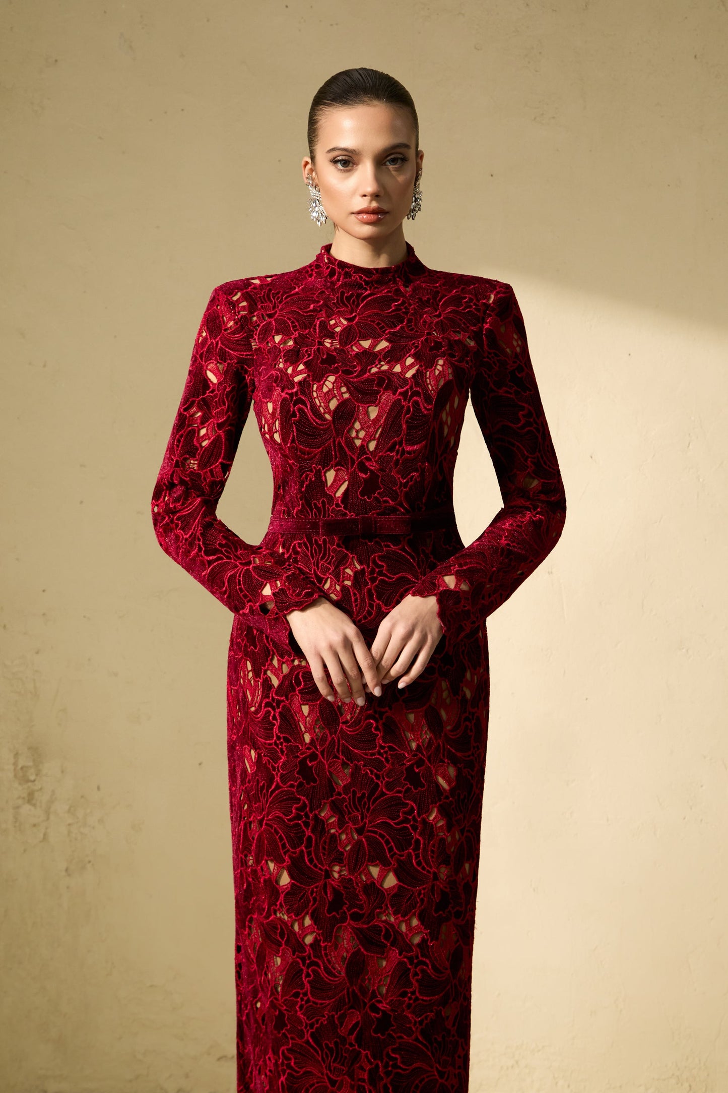 Petra Beautiful Burgundy Floral Lace Midi Dress