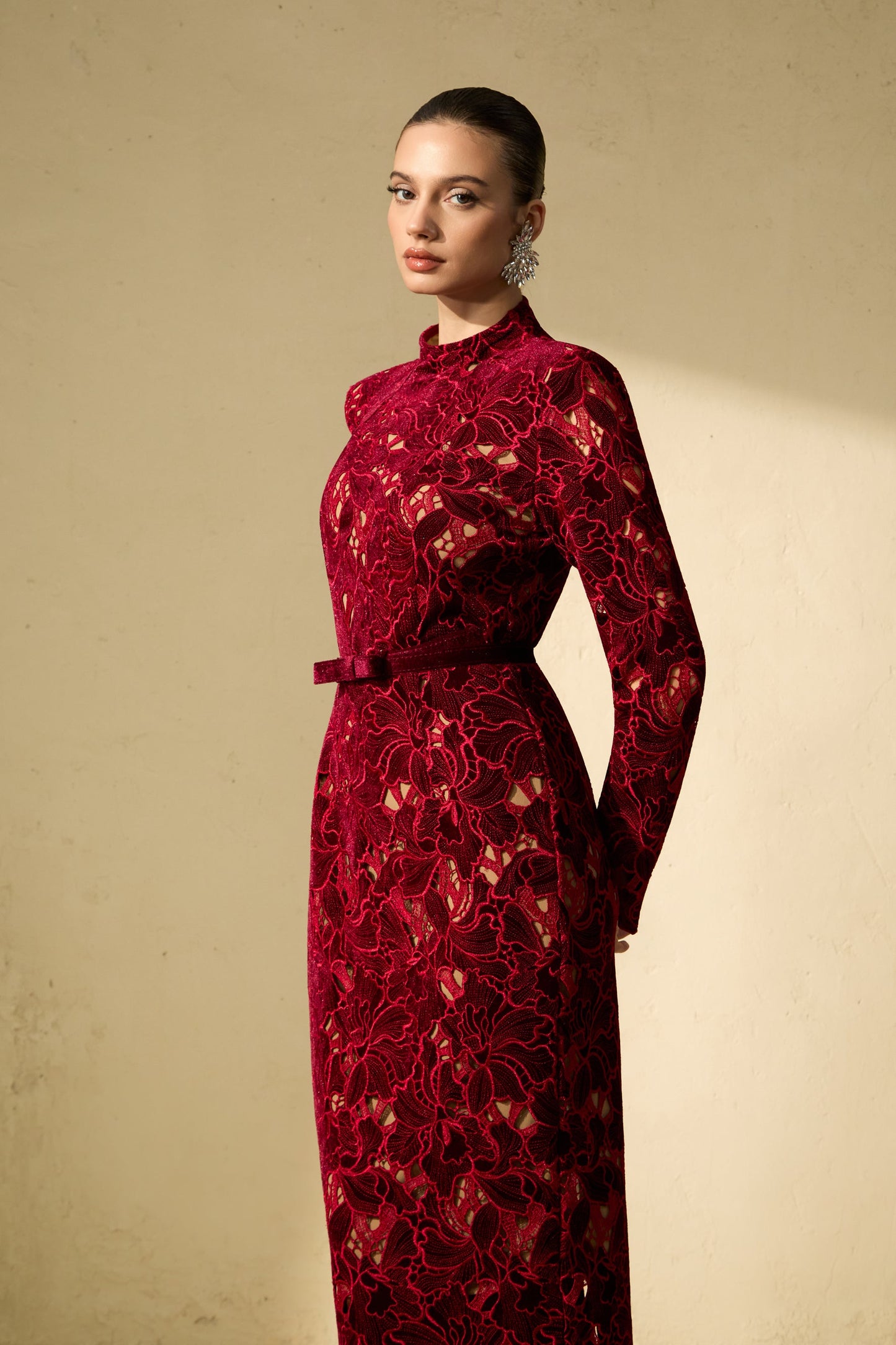 Petra Beautiful Burgundy Floral Lace Midi Dress
