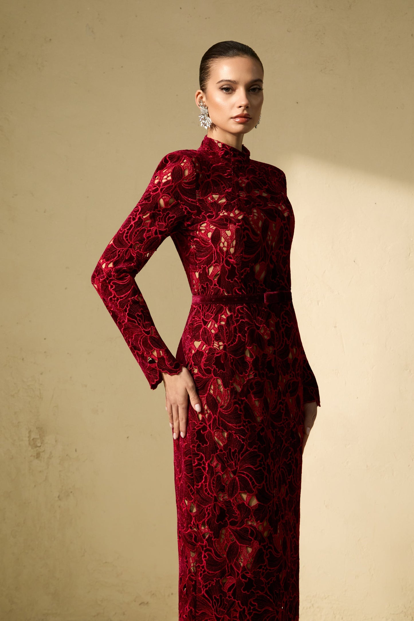 Petra Beautiful Burgundy Floral Lace Midi Dress