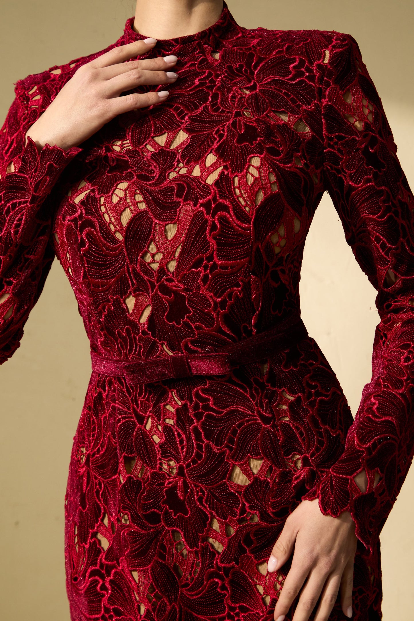 Petra Beautiful Burgundy Floral Lace Midi Dress