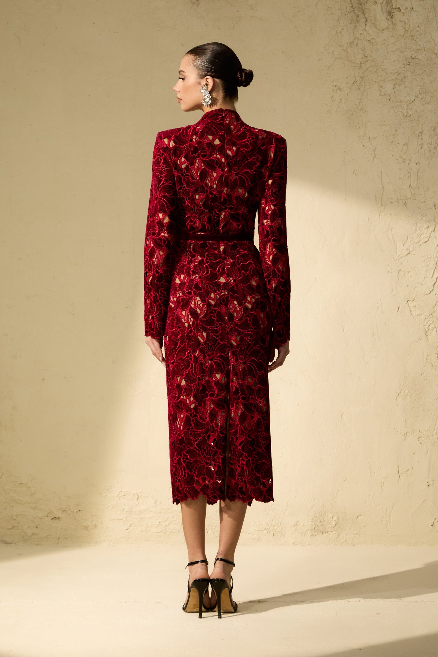 Petra Beautiful Burgundy Floral Lace Midi Dress