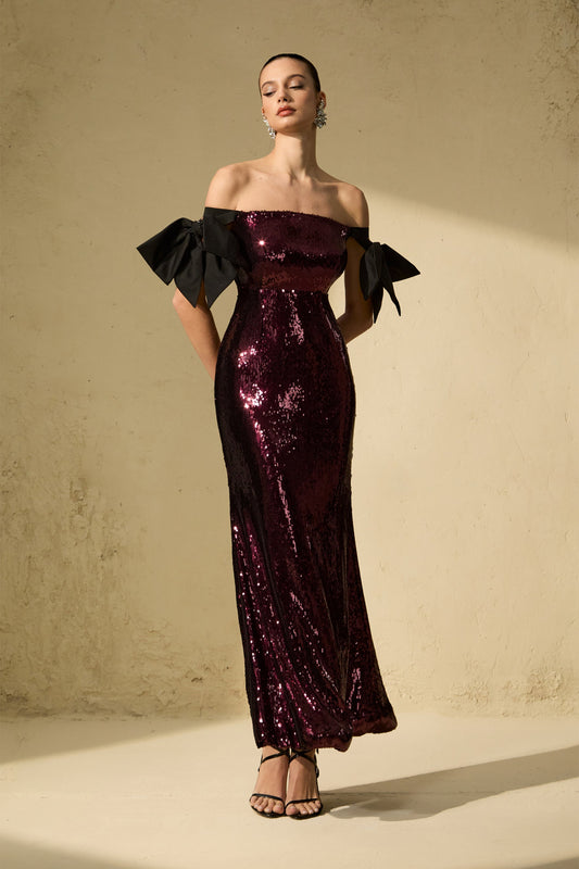 My Feels Burgundy Sequin Off Shoulder Maxi Dress