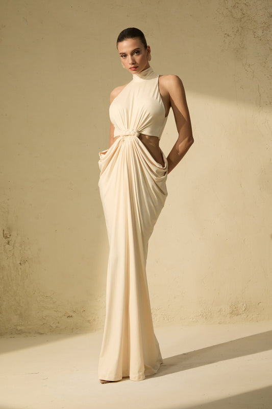 Elena Chic Beige High Neck Twisted Maxi Dress