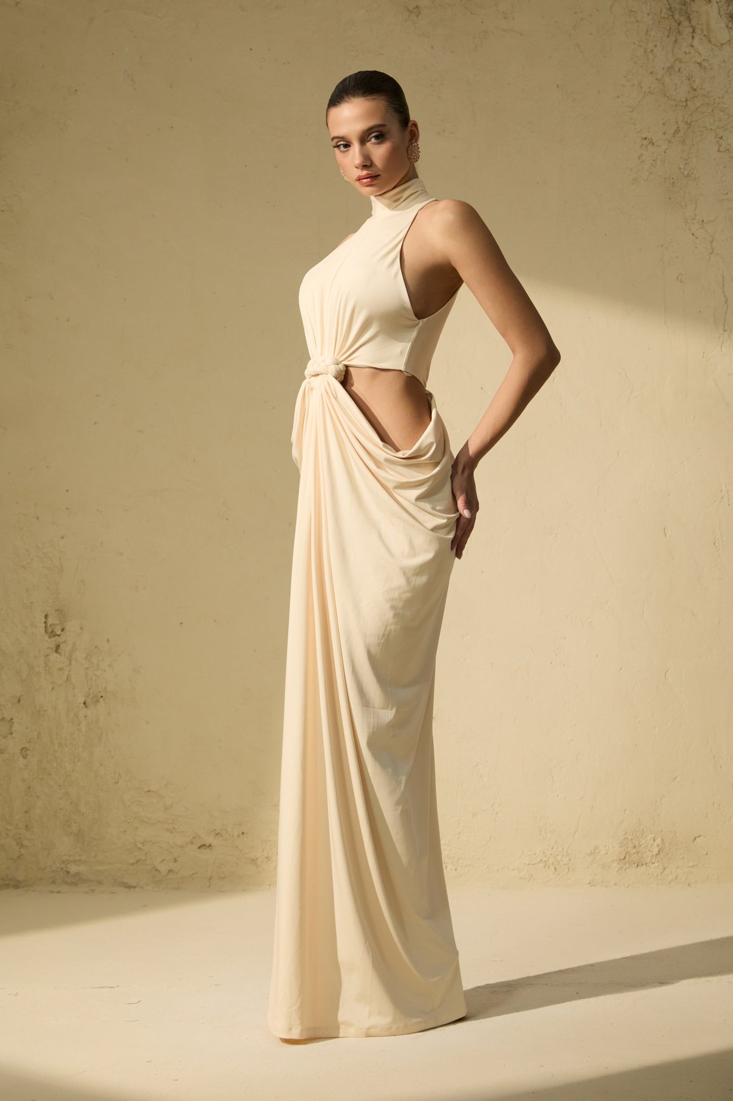 Elena Chic Beige High Neck Twisted Maxi Dress