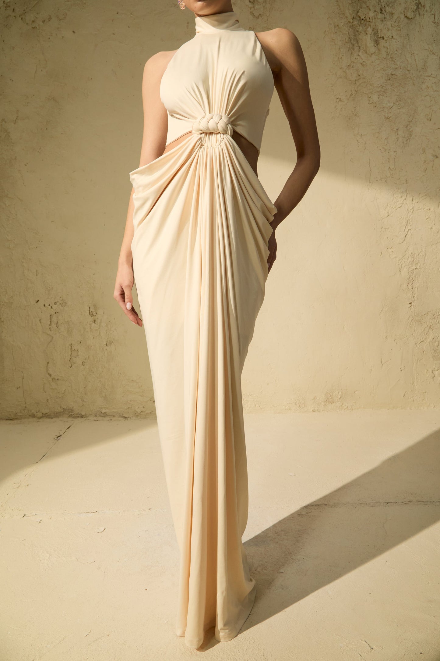 Elena Chic Beige High Neck Twisted Maxi Dress