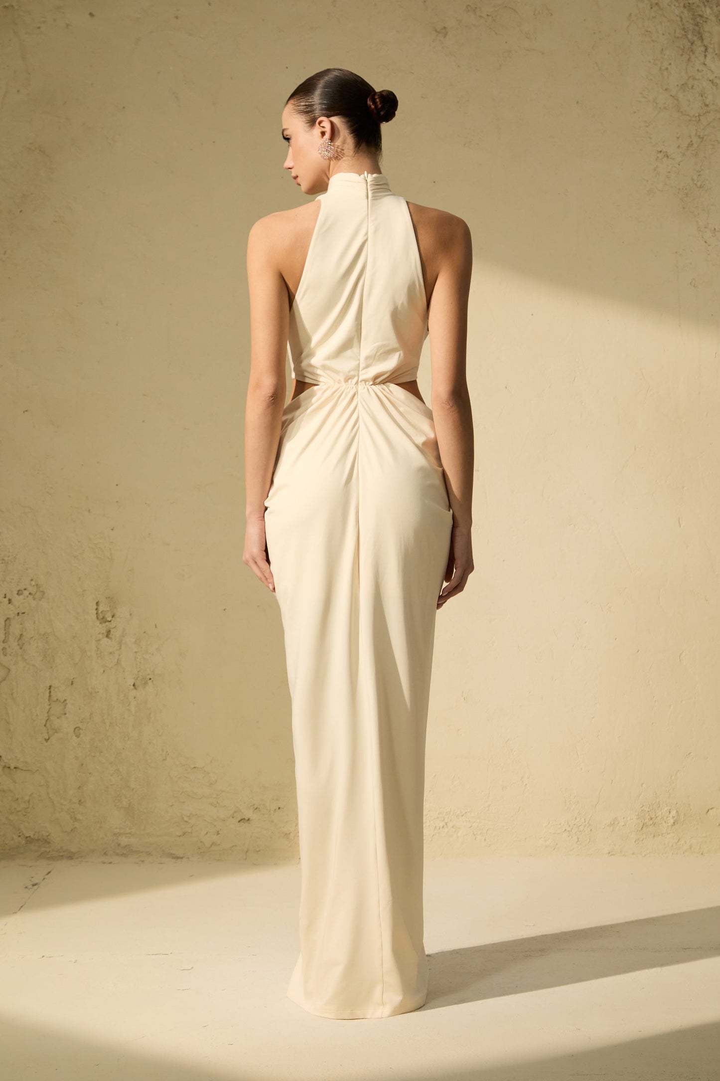 Elena Chic Beige High Neck Twisted Maxi Dress