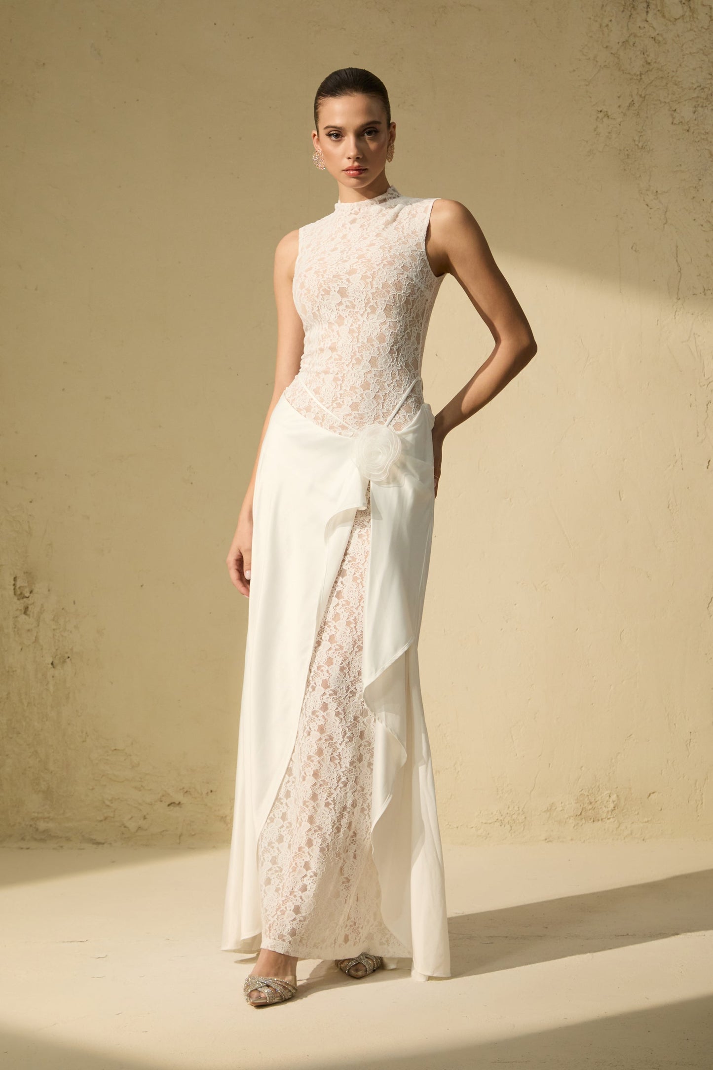Kate White Floral Lace Sleeveless Maxi Dress