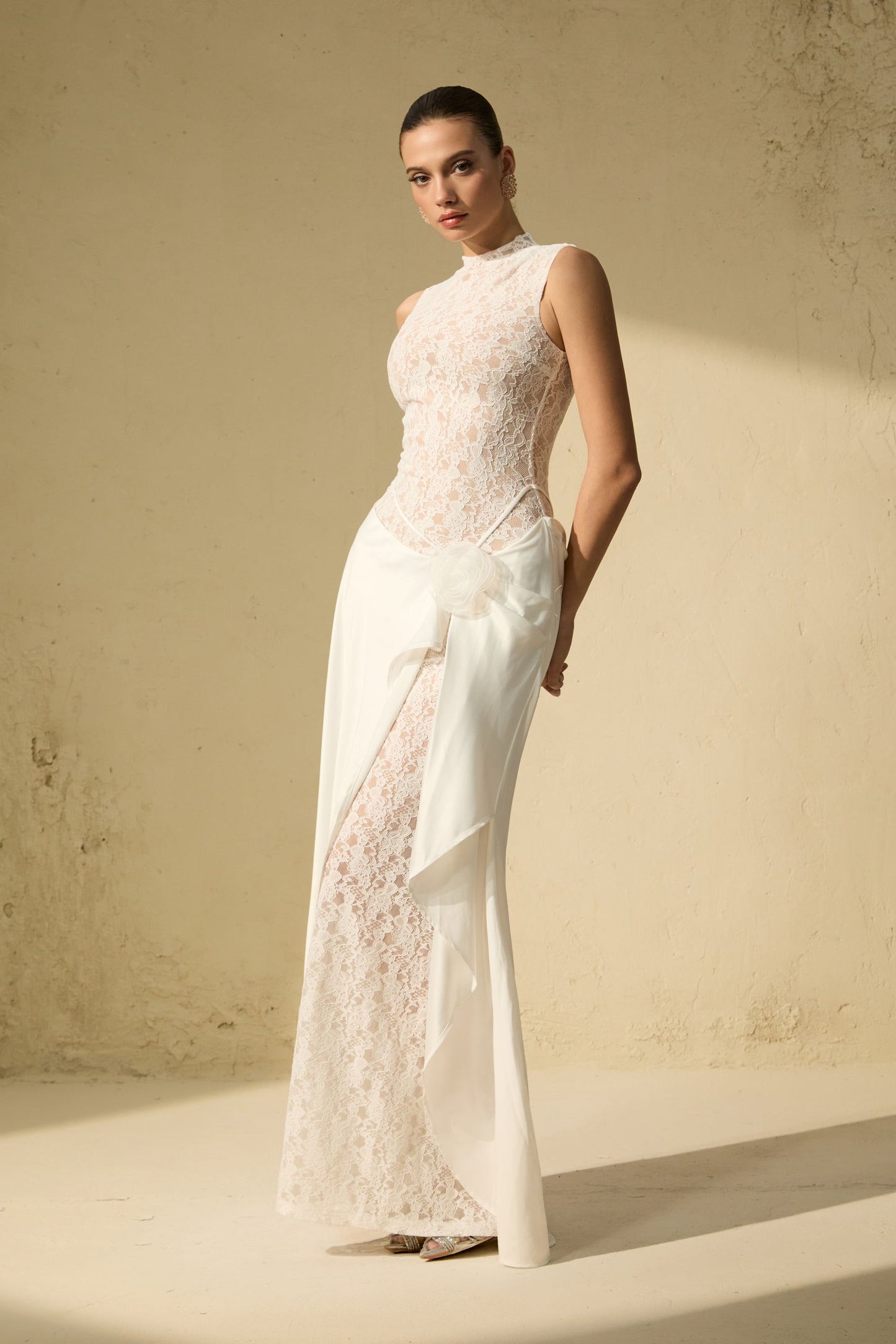 Kate White Floral Lace Sleeveless Maxi Dress