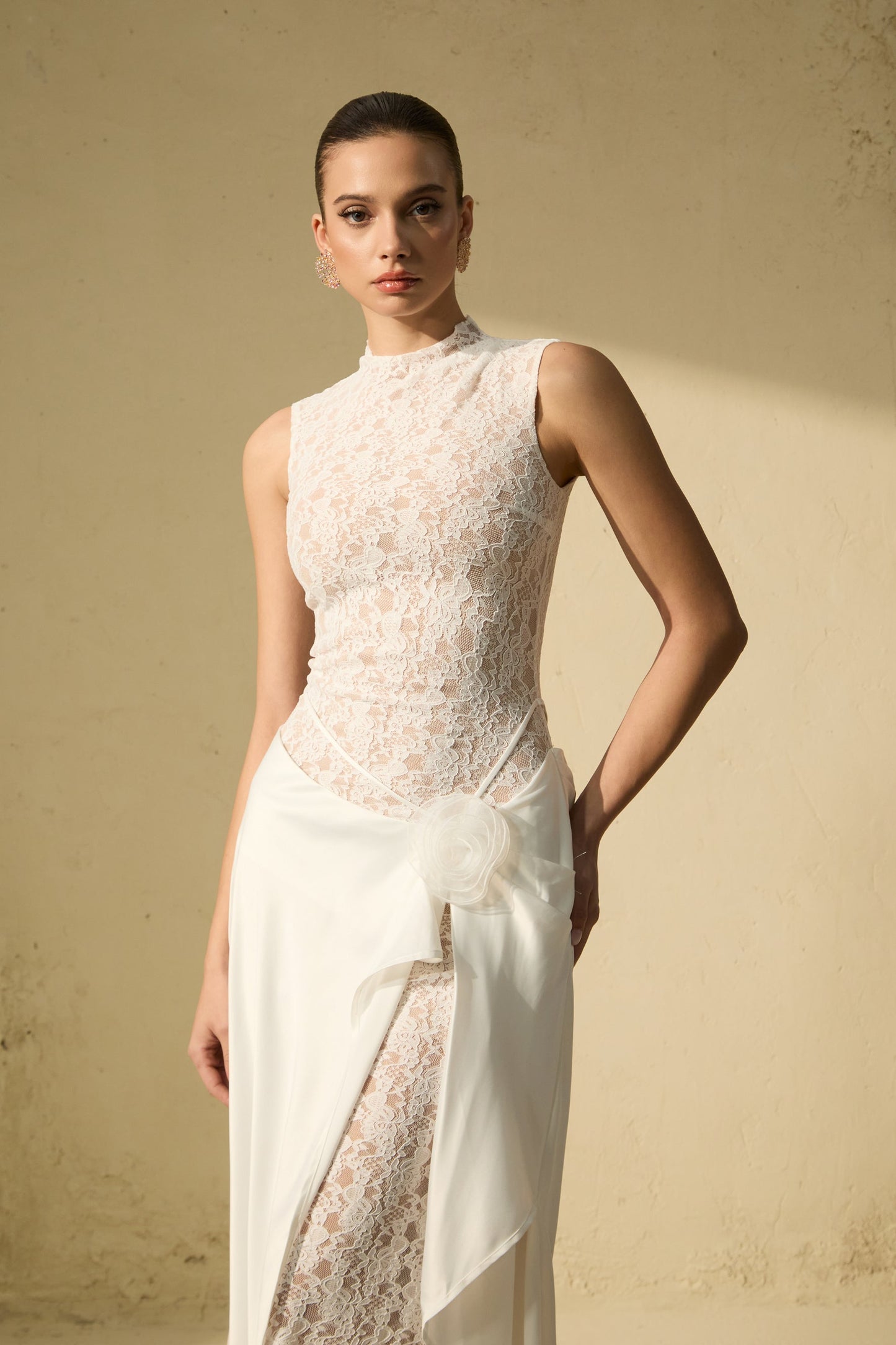 Kate White Floral Lace Sleeveless Maxi Dress