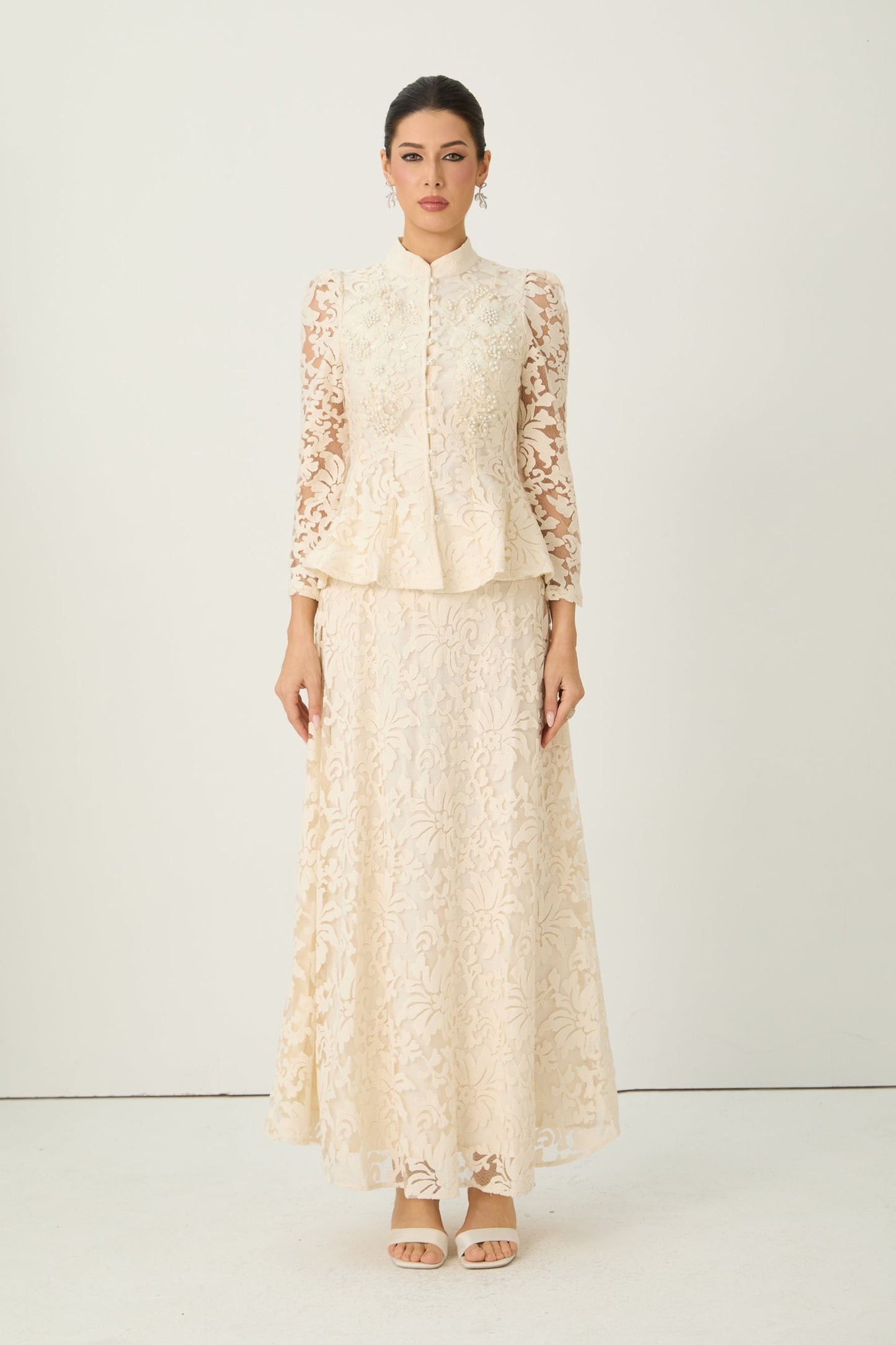 Talia Captivating Beige Sheer Sleeve Floral Lace Top Skirt Set