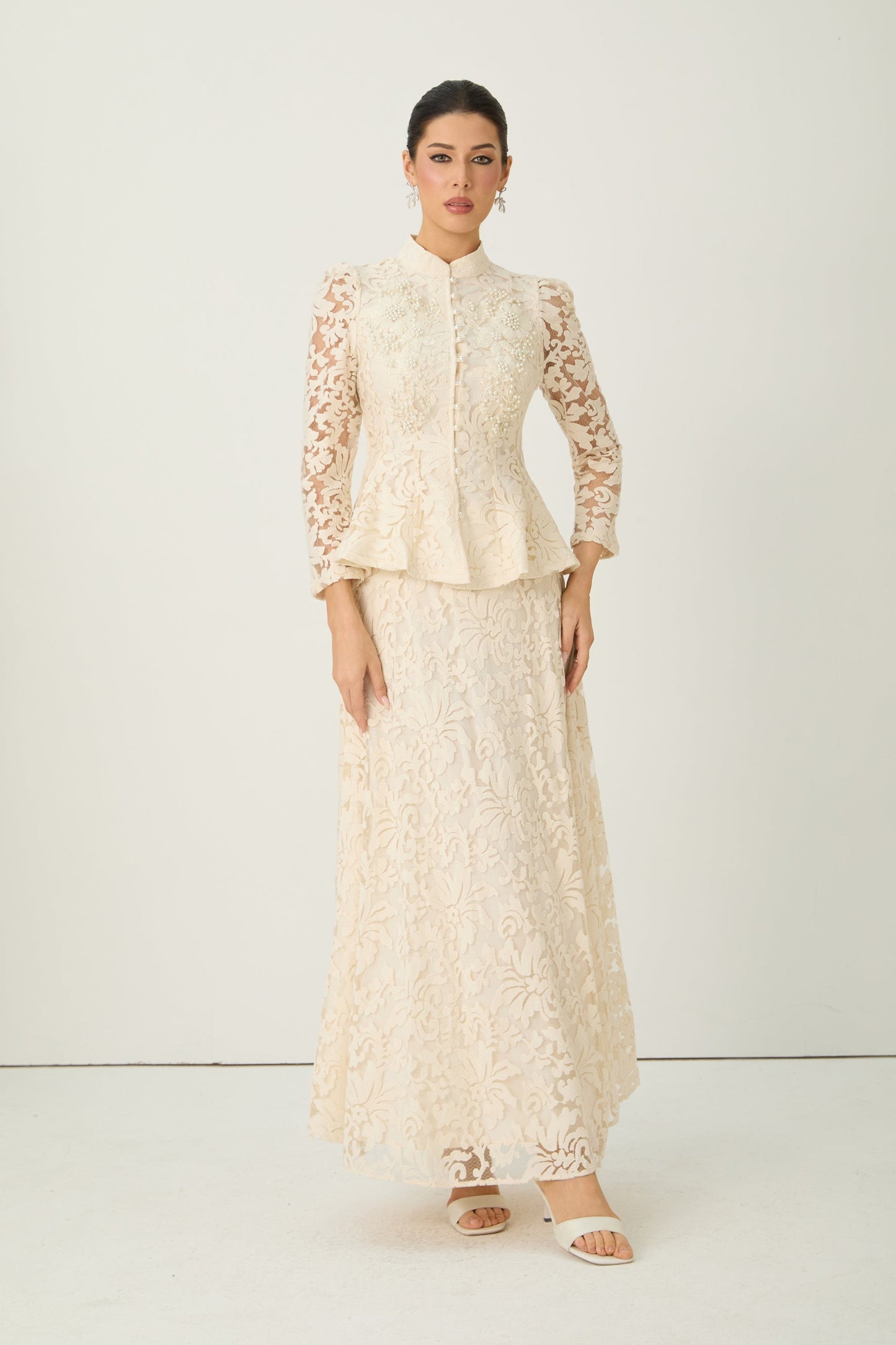 Talia Captivating Beige Sheer Sleeve Floral Lace Top Skirt Set