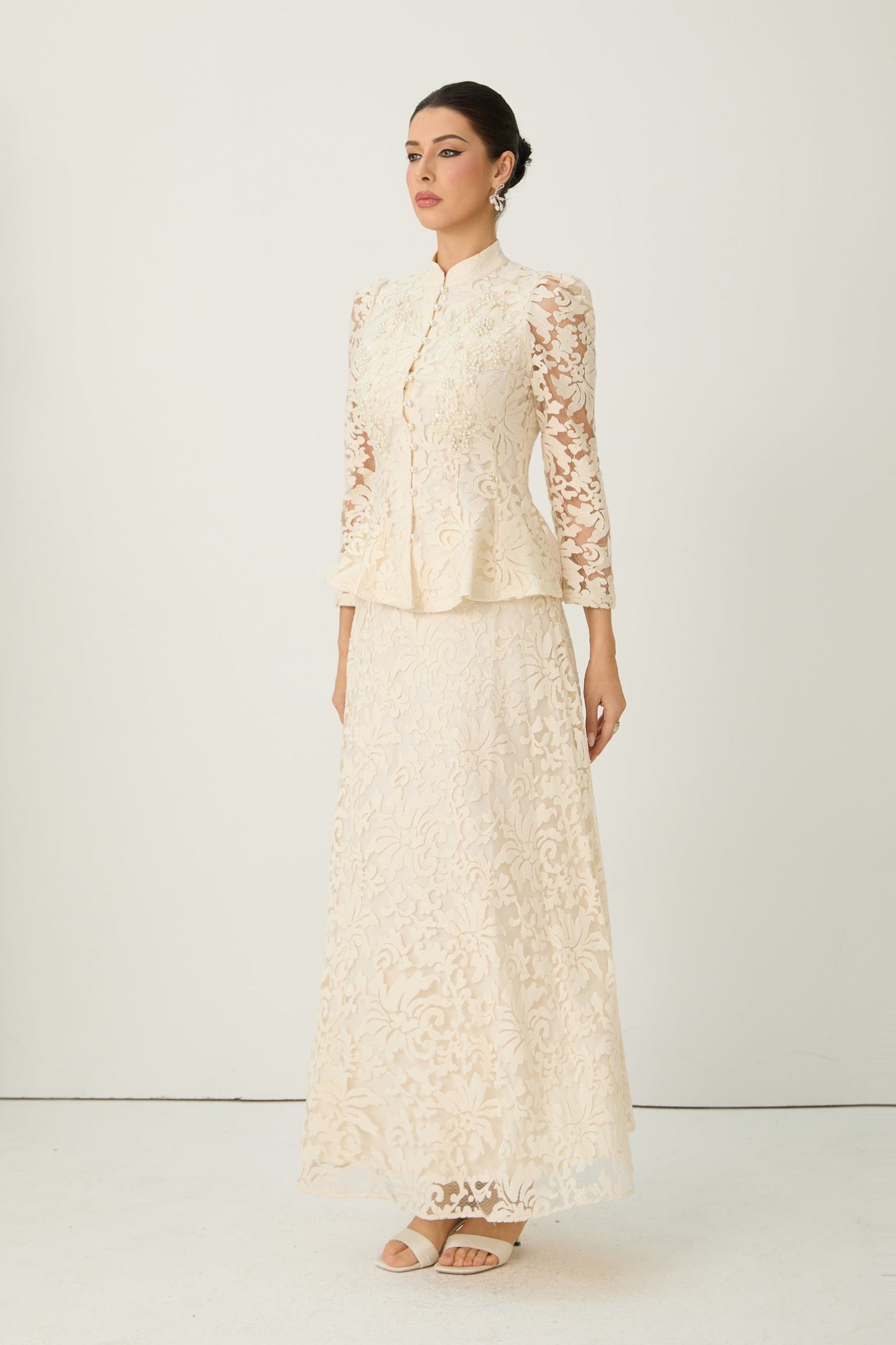 Talia Captivating Beige Sheer Sleeve Floral Lace Top Skirt Set