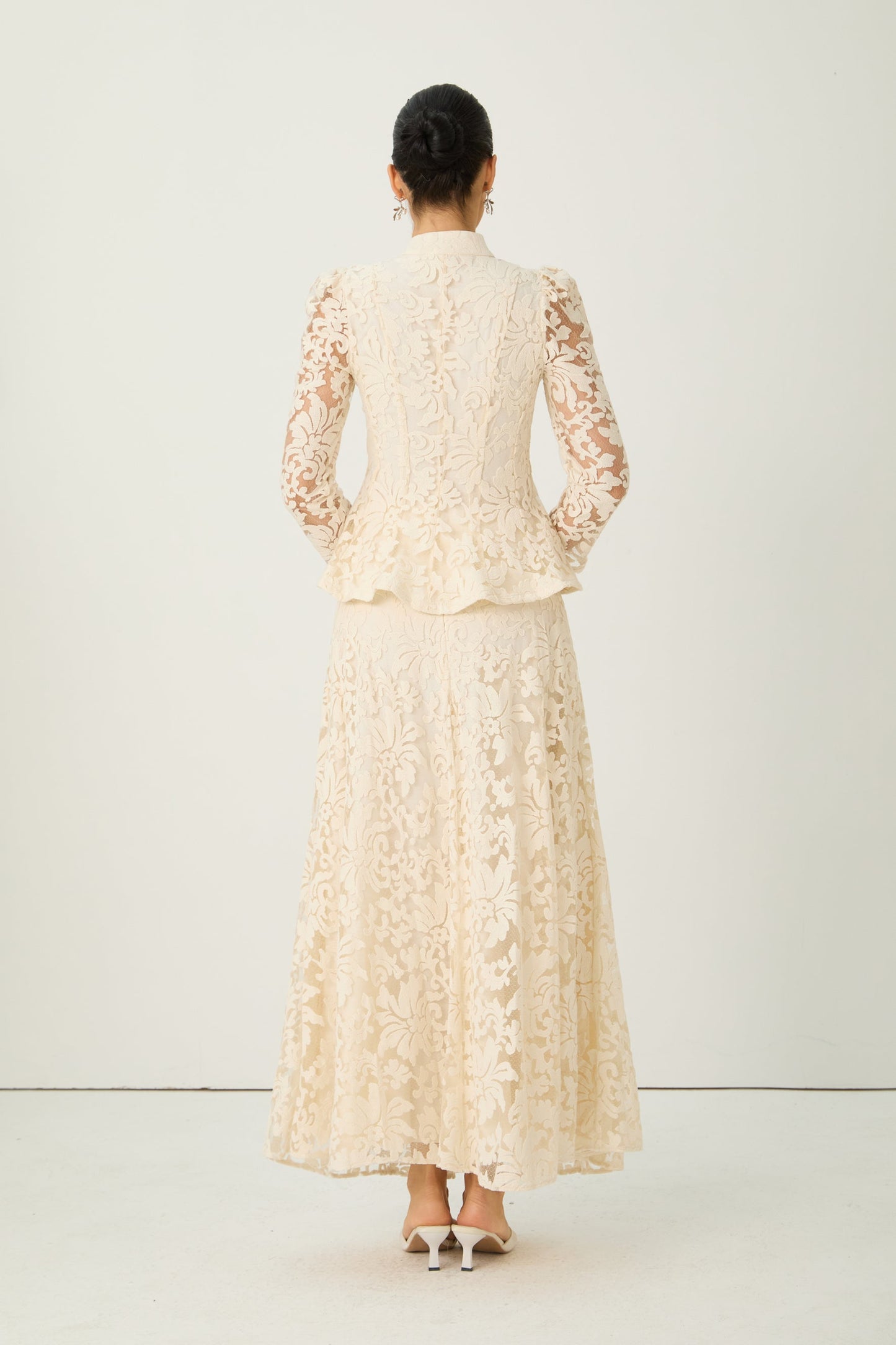 Talia Captivating Beige Sheer Sleeve Floral Lace Top Skirt Set