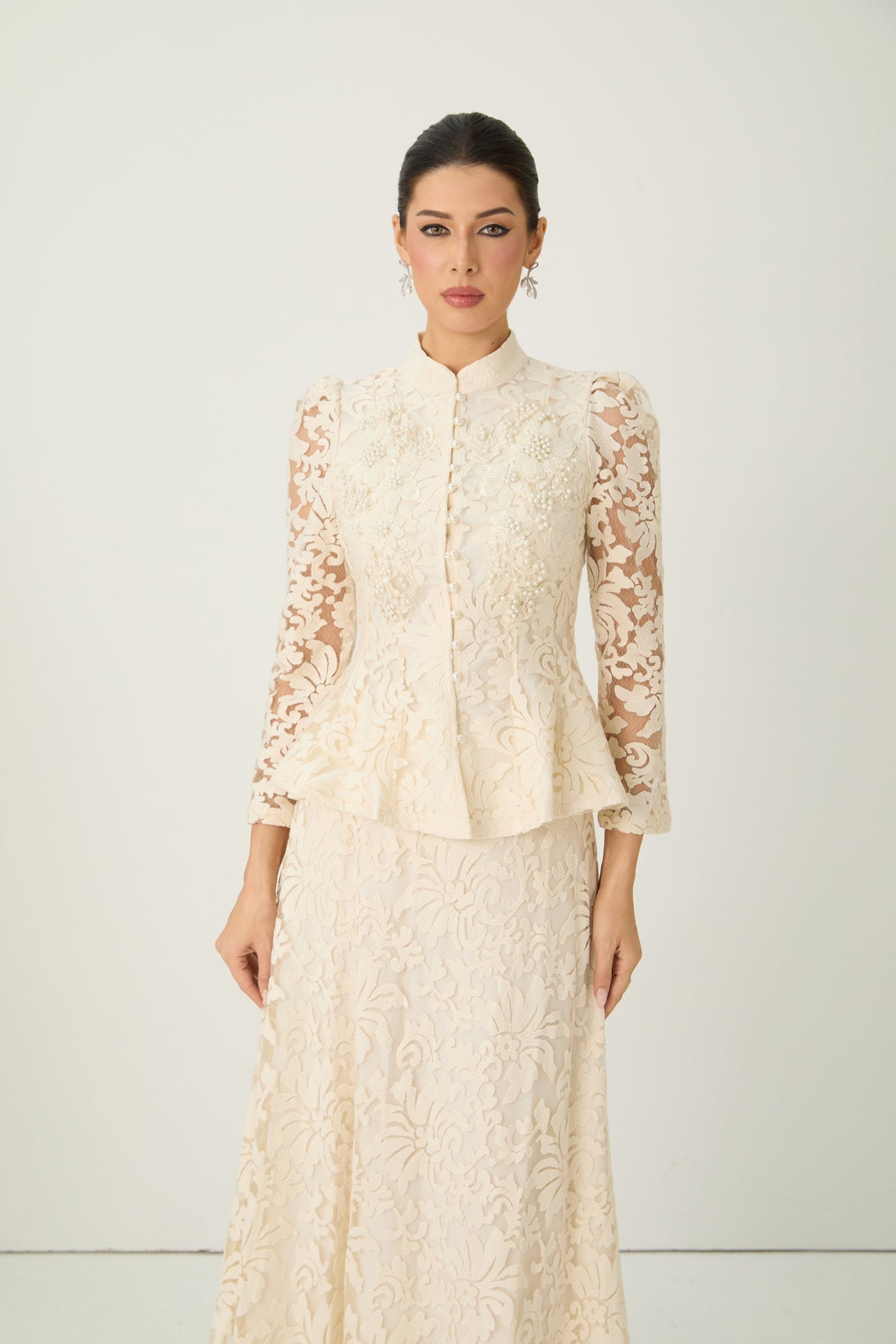 Talia Captivating Beige Sheer Sleeve Floral Lace Top Skirt Set