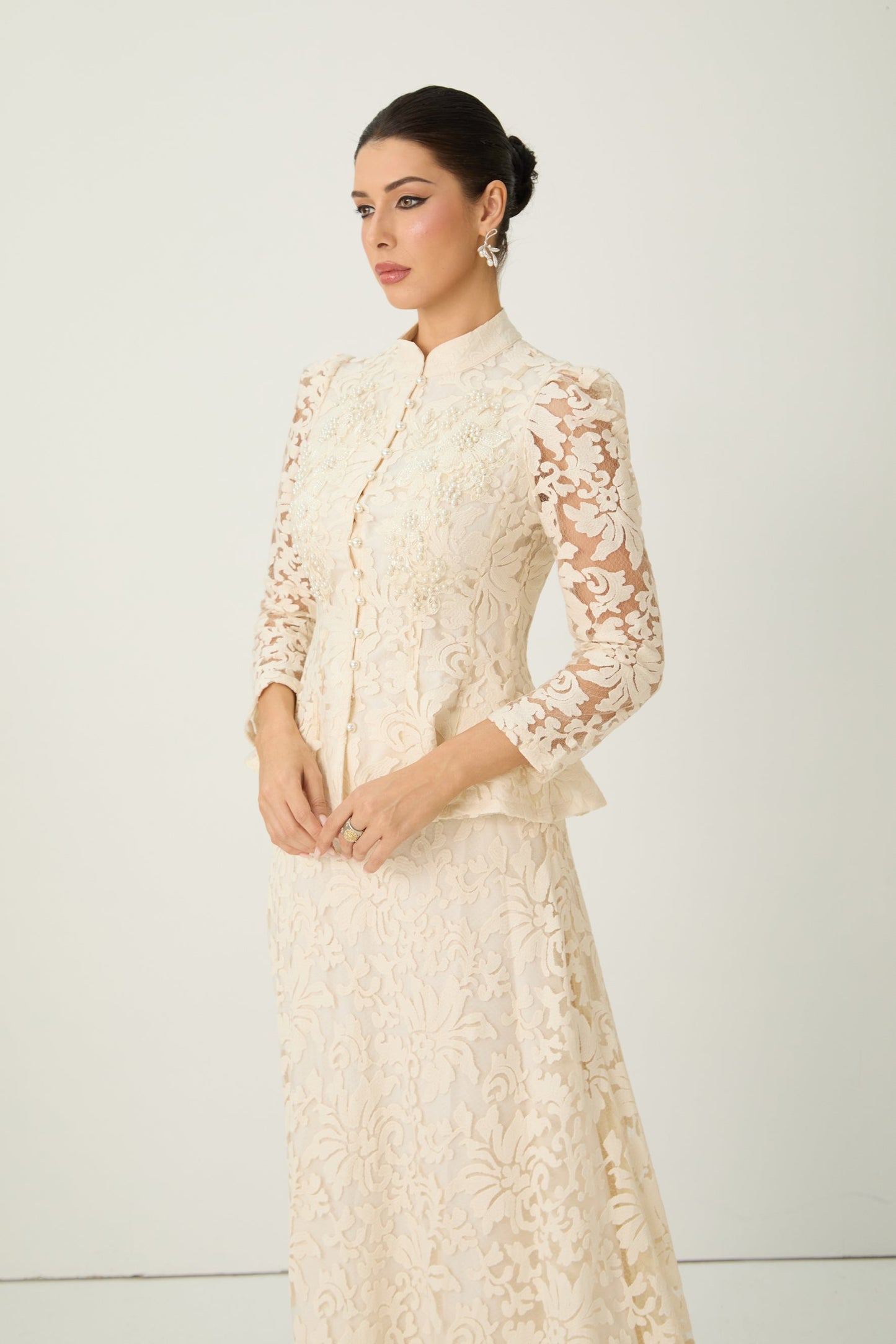 Talia Captivating Beige Sheer Sleeve Floral Lace Top Skirt Set