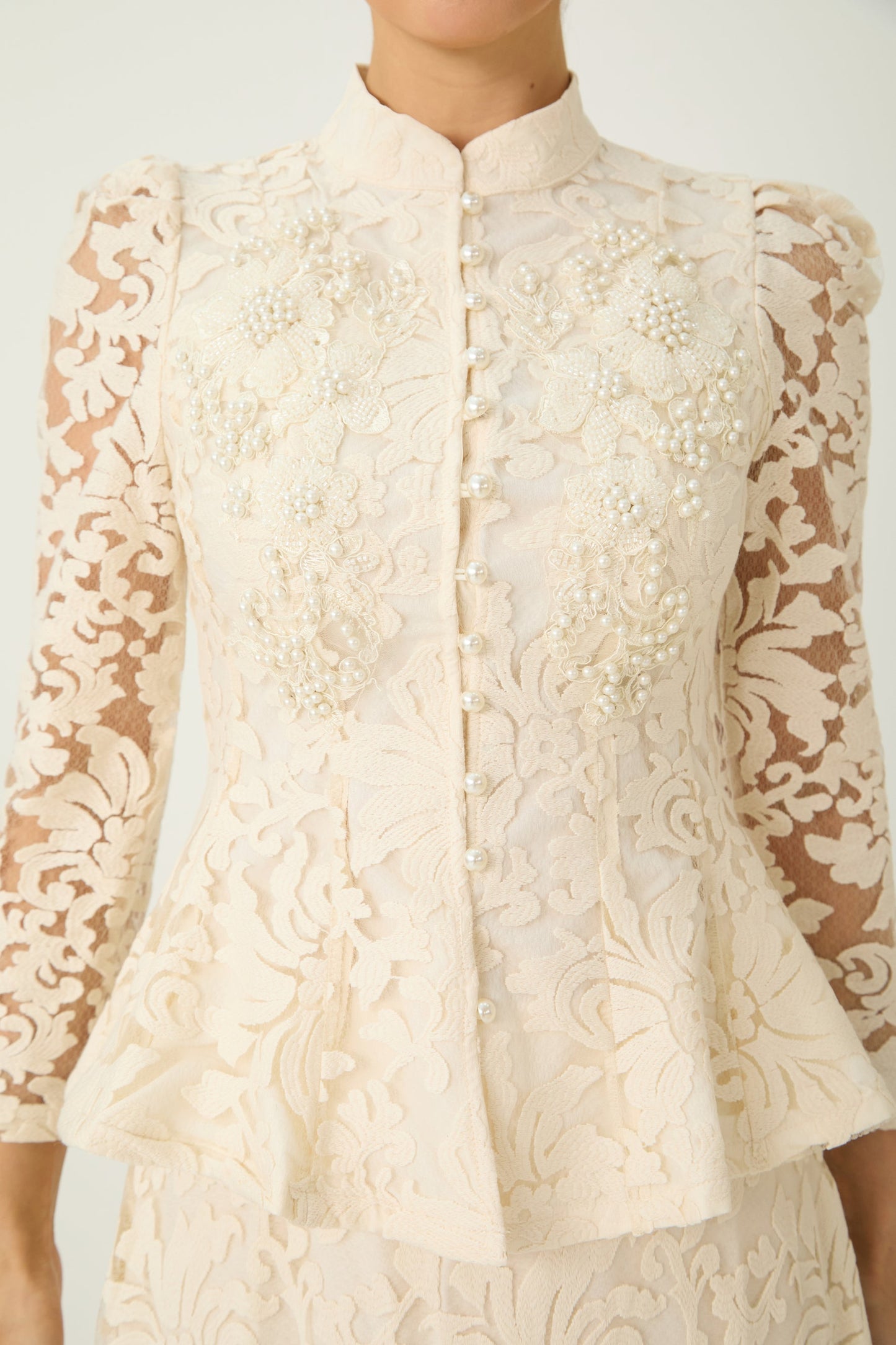 Talia Captivating Beige Sheer Sleeve Floral Lace Top Skirt Set