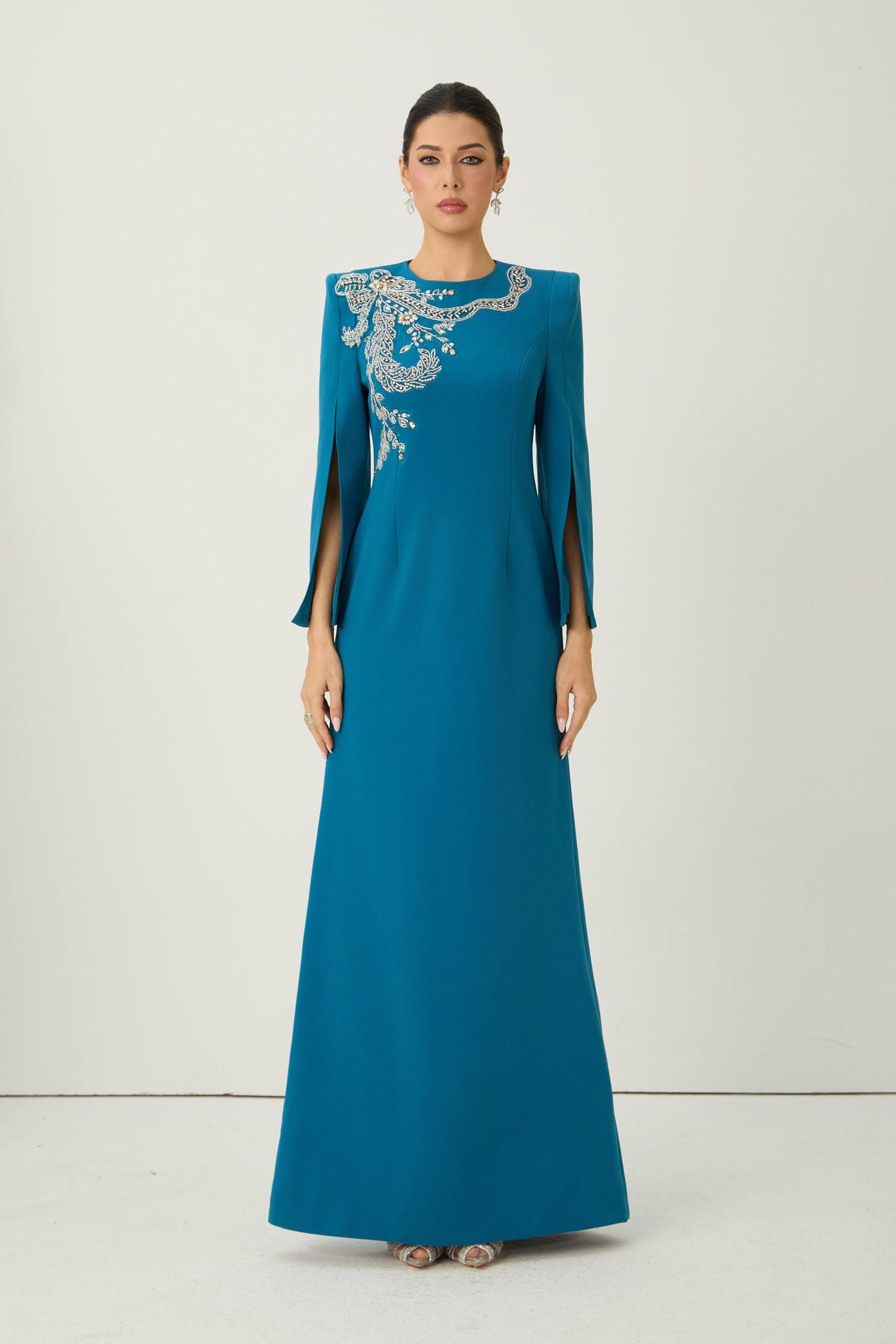 Elena Breathtaking Blue Beaded Embroidery Split Cape Sleeve Maxi Dress