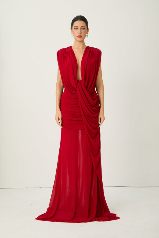 Morgan Red Deep V Neck Maxi Dress