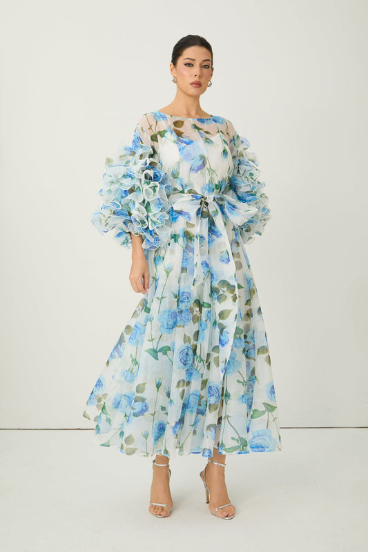 Hope Vibrant Blue Rose Print Ruffled Sleeve Maxi Dress