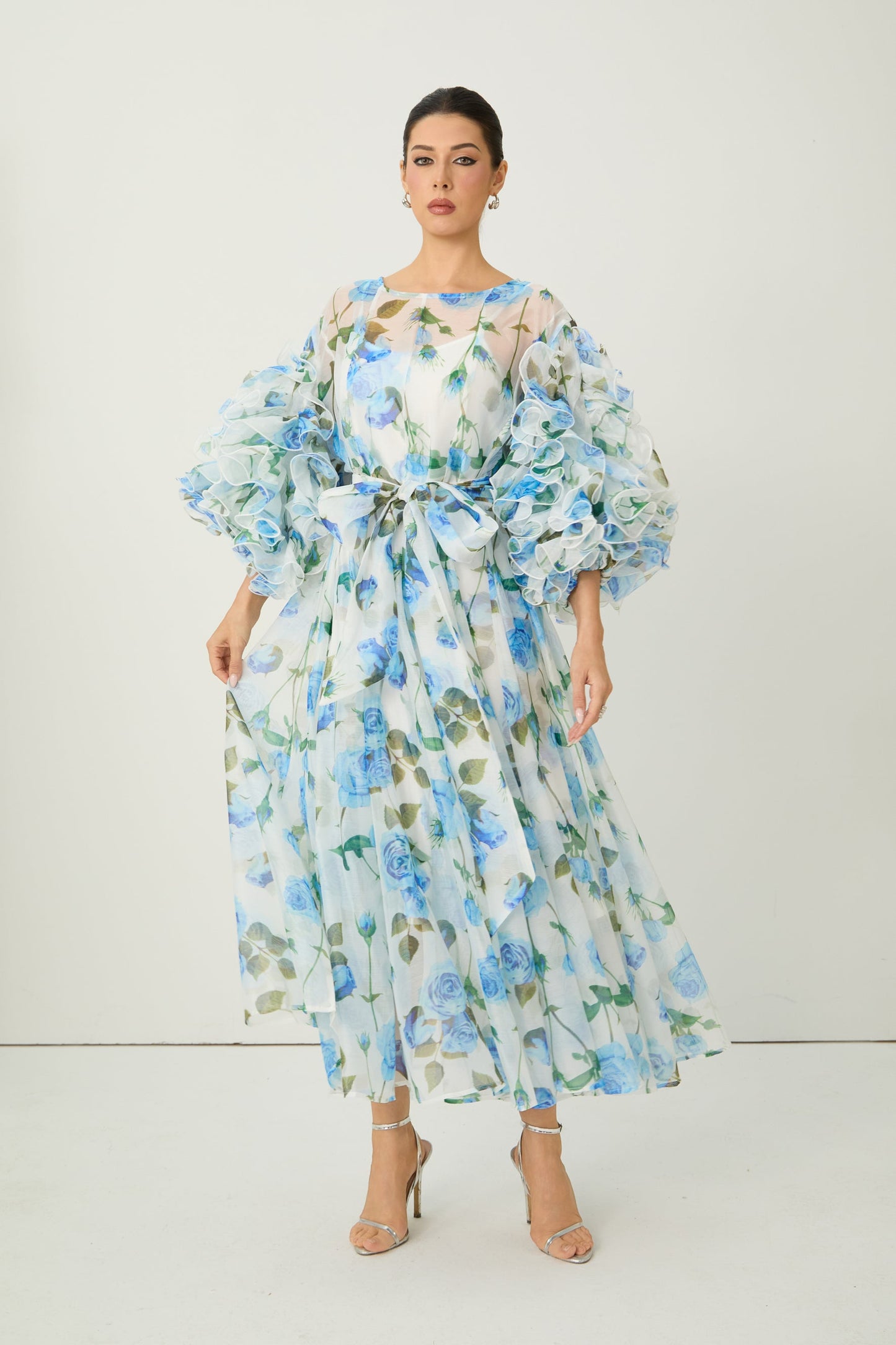 Hope Vibrant Blue Rose Print Ruffled Sleeve Maxi Dress