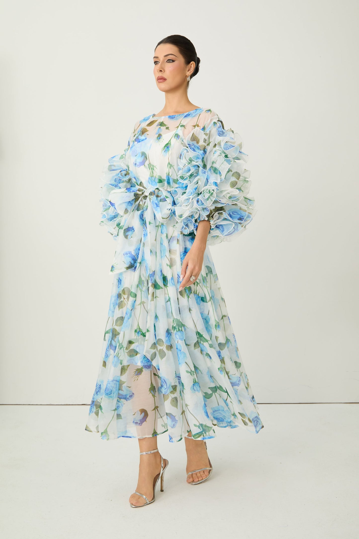 Hope Vibrant Blue Rose Print Ruffled Sleeve Maxi Dress
