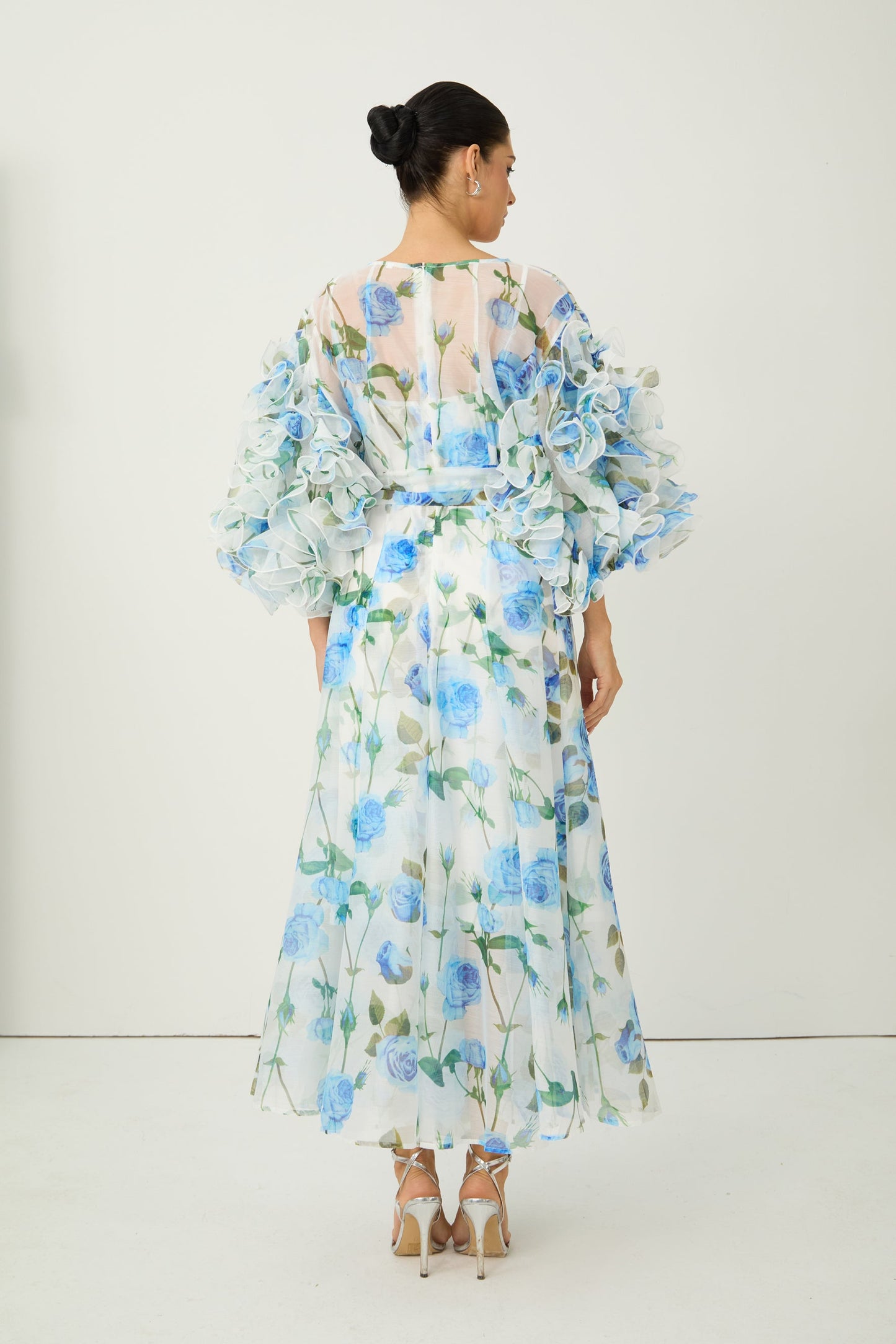 Hope Vibrant Blue Rose Print Ruffled Sleeve Maxi Dress