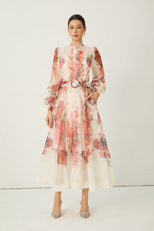 Lucy Exquisite Pink Floral Print Semi Sheer Maxi Dress