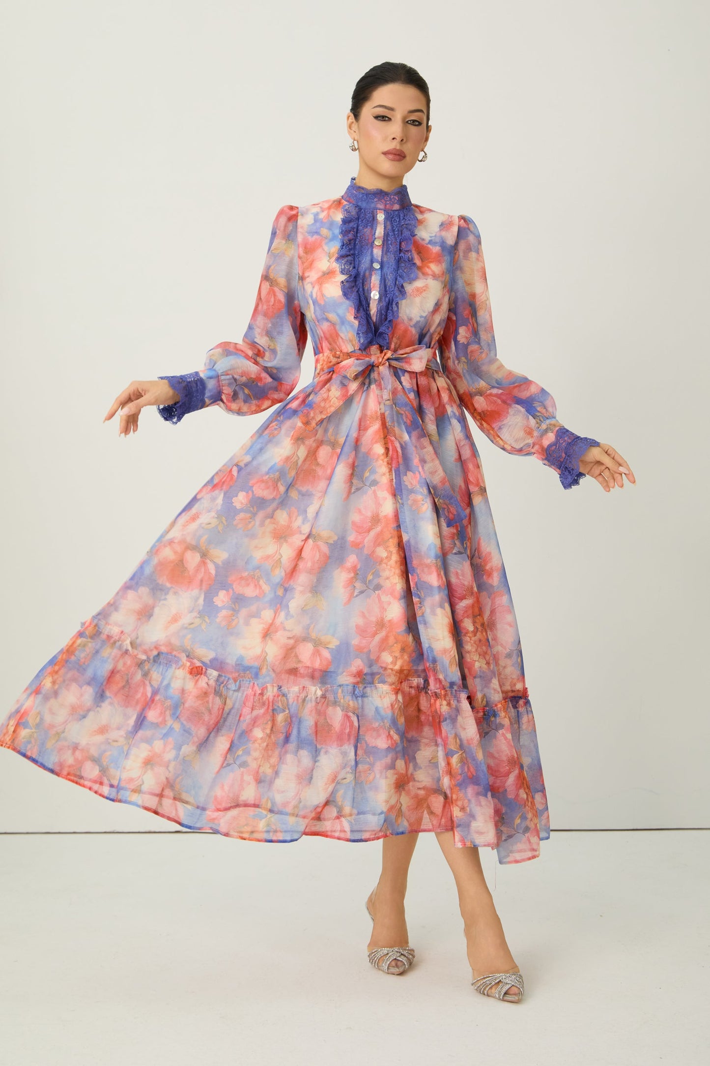 Selene Multi Floral Print Lace Trim Maxi Dress