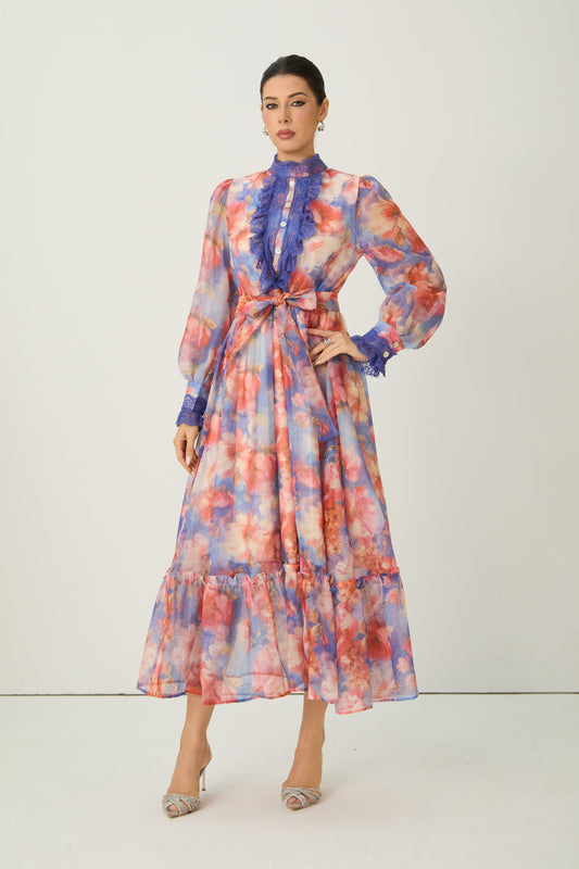 Selene Multi Floral Print Lace Trim Maxi Dress