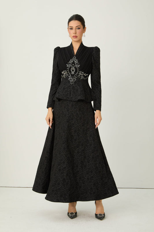 Gwen Black Beaded Embroidery Top and Skirt Set with Glow