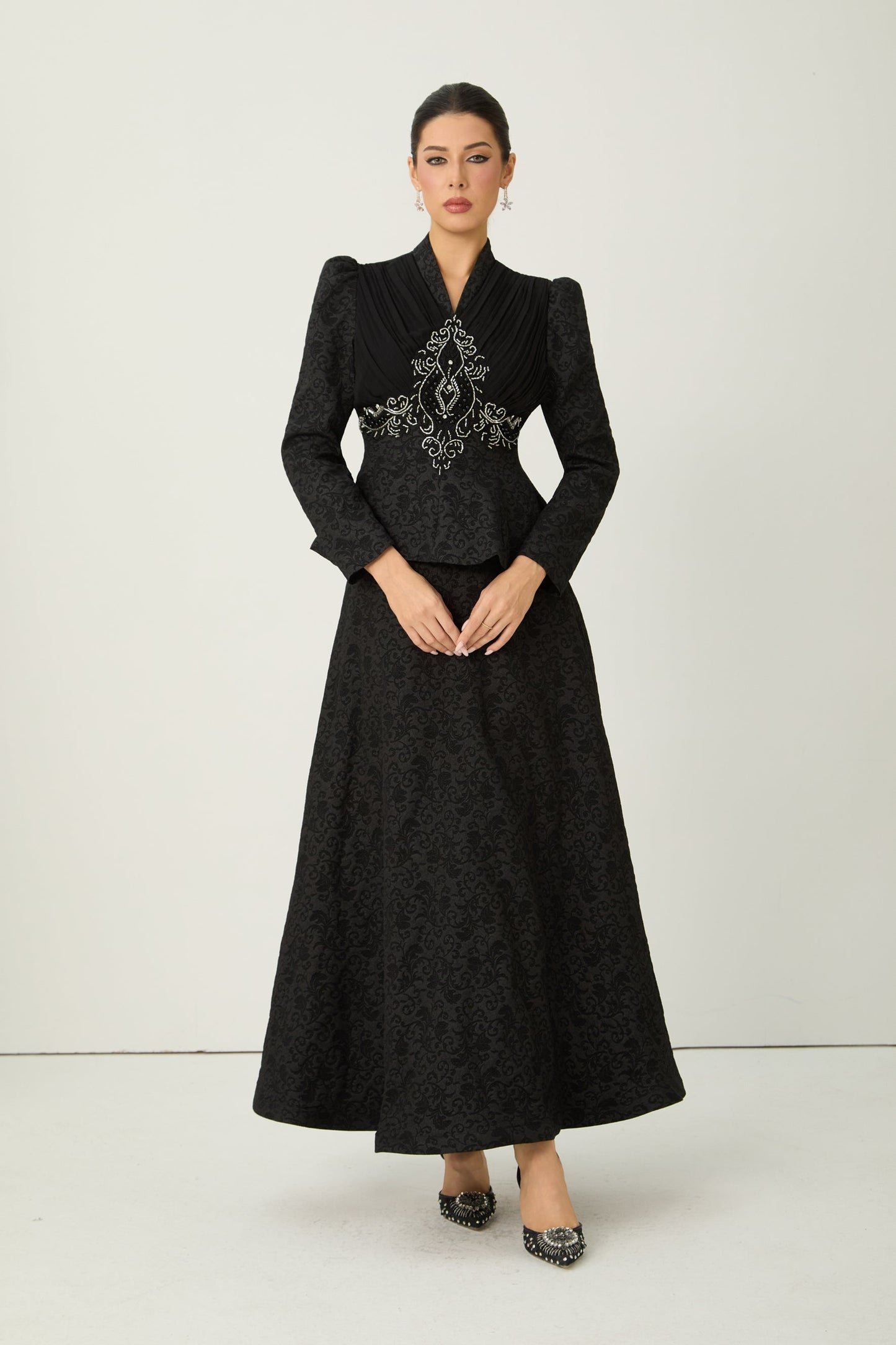 Gwen Black Beaded Embroidery Top and Skirt Set with Glow