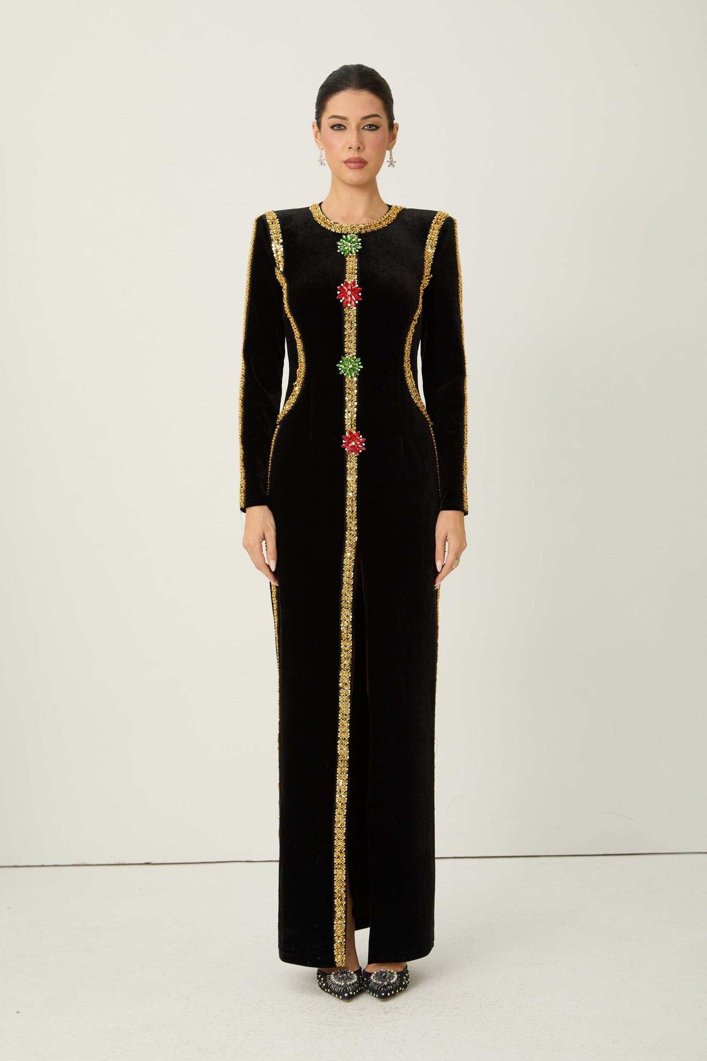 Willow Dramatic Black Sequin Trim Velvet Maxi Dress
