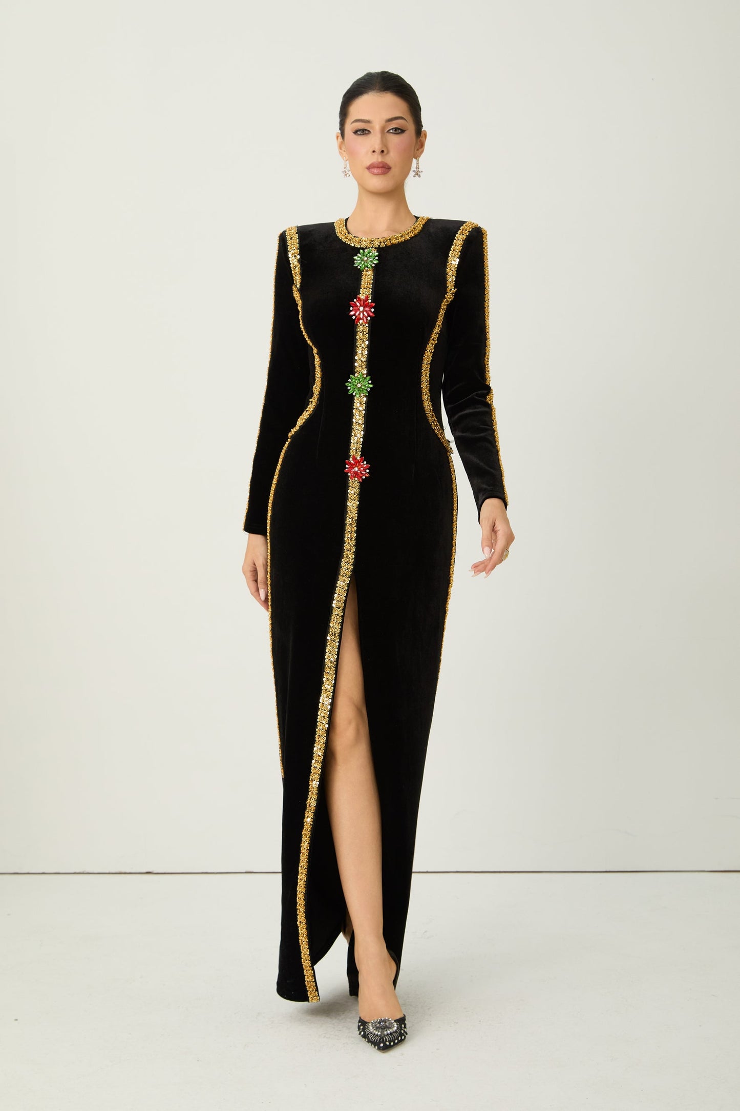 Willow Dramatic Black Sequin Trim Velvet Maxi Dress