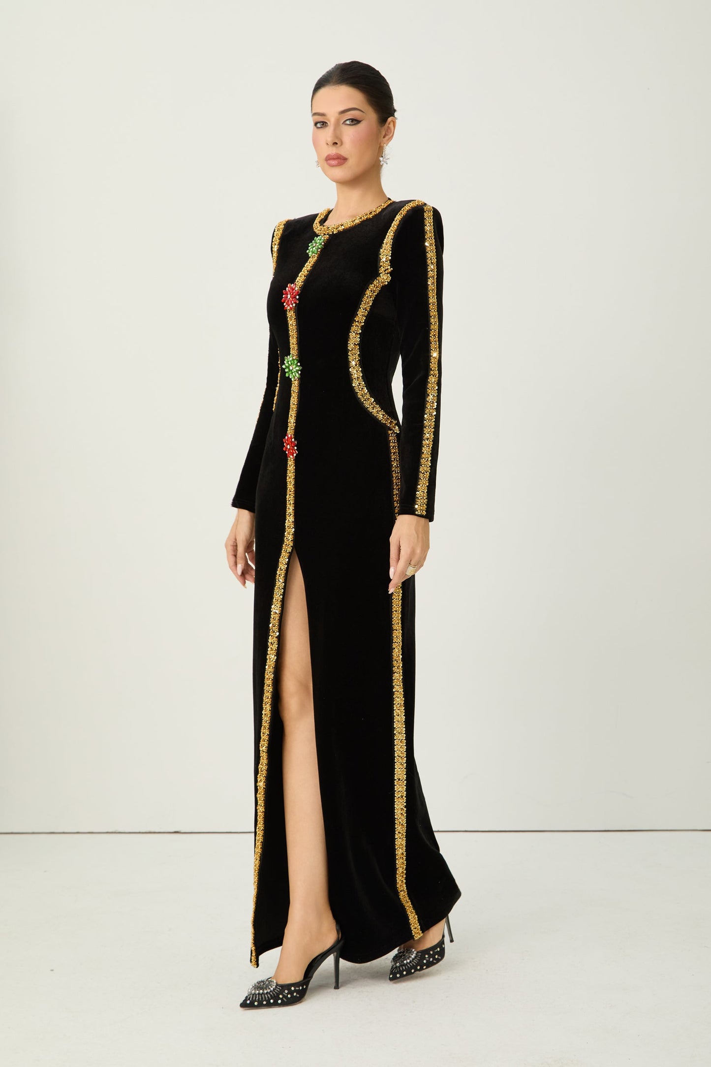 Willow Dramatic Black Sequin Trim Velvet Maxi Dress