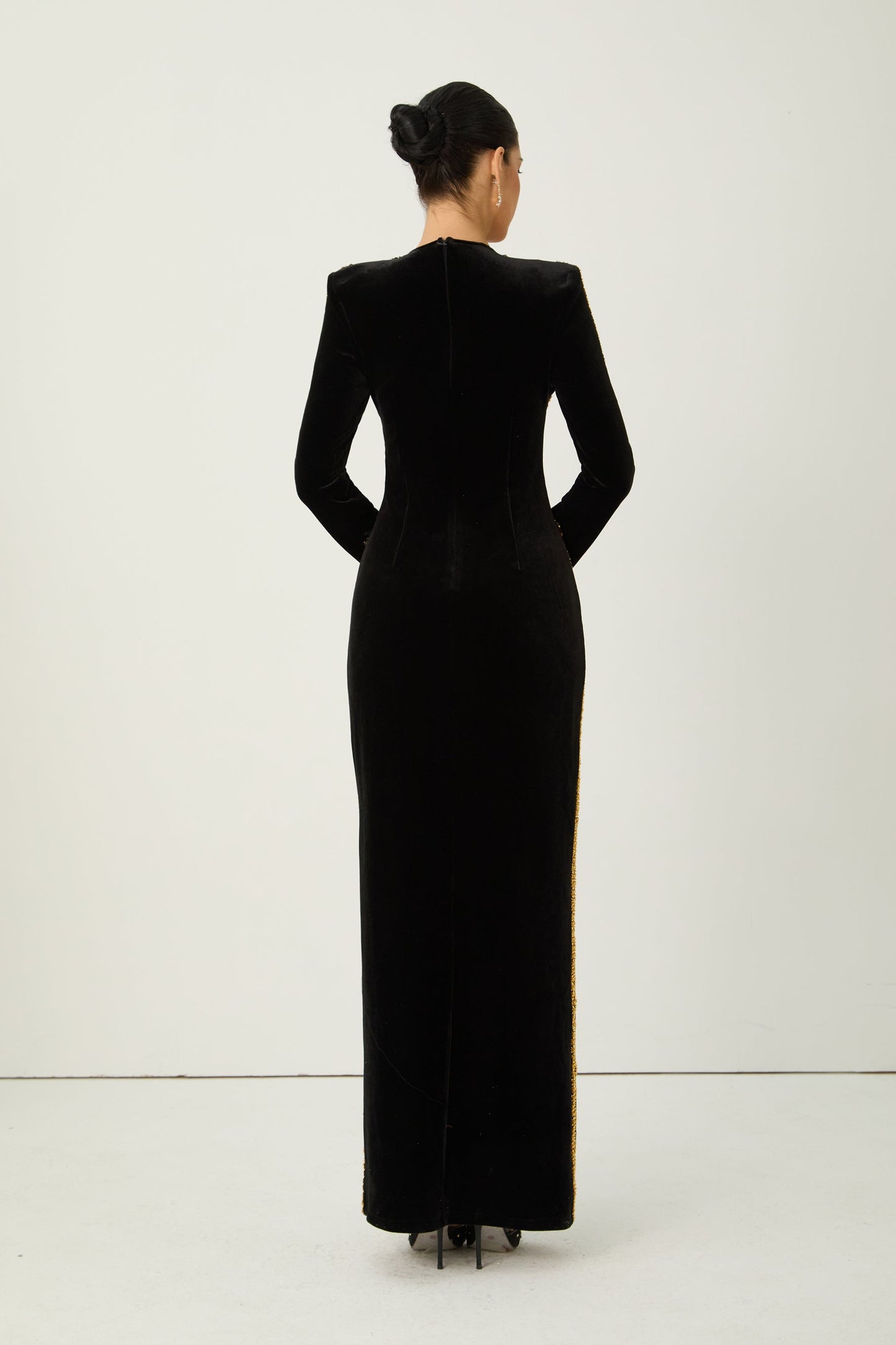 Willow Dramatic Black Sequin Trim Velvet Maxi Dress
