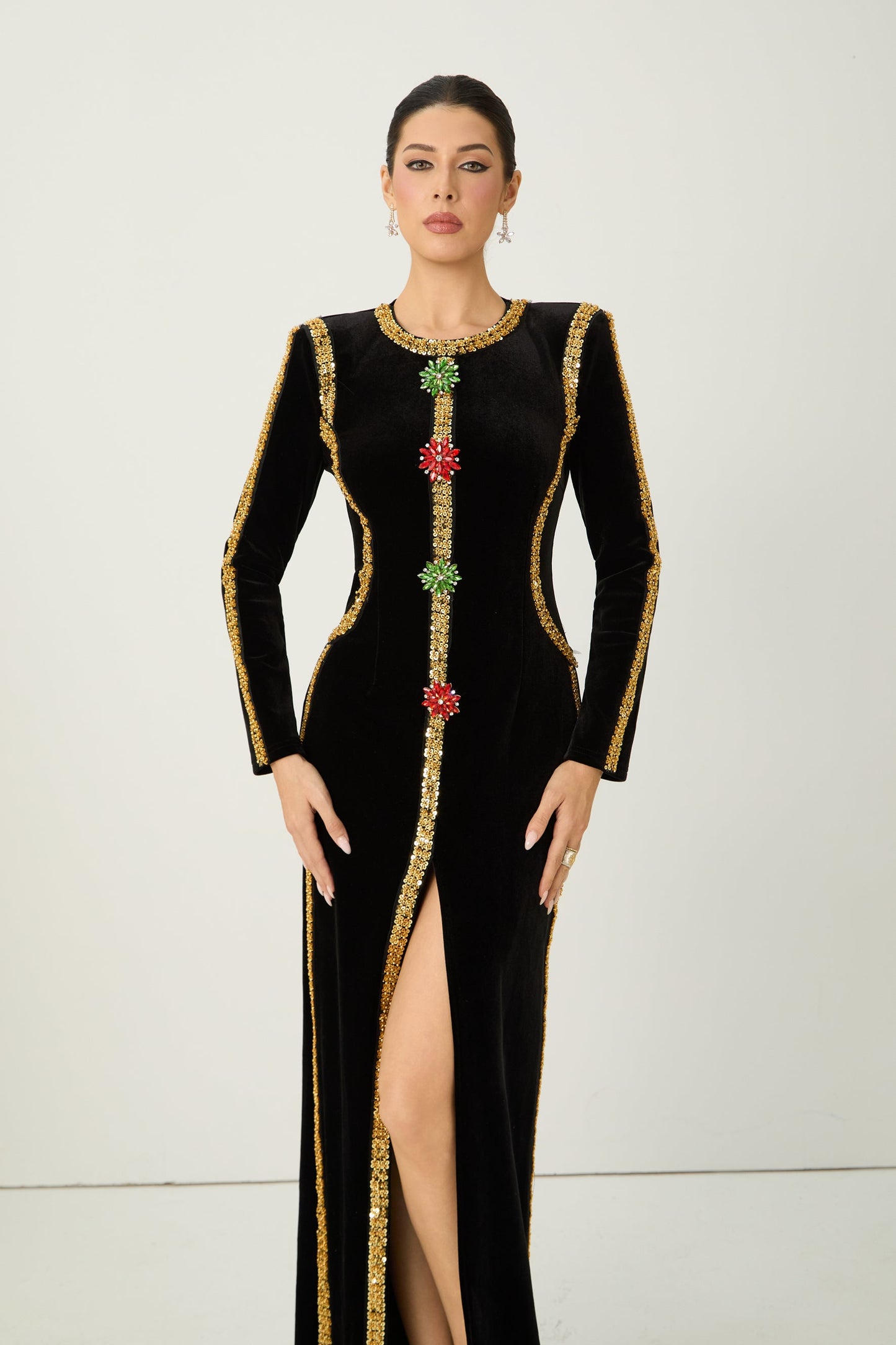 Willow Dramatic Black Sequin Trim Velvet Maxi Dress