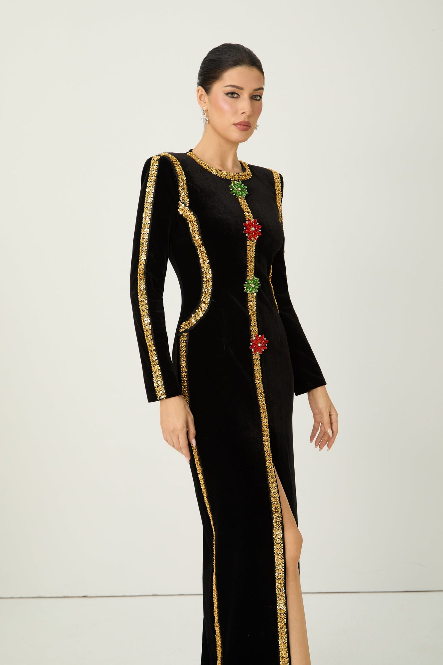 Willow Dramatic Black Sequin Trim Velvet Maxi Dress
