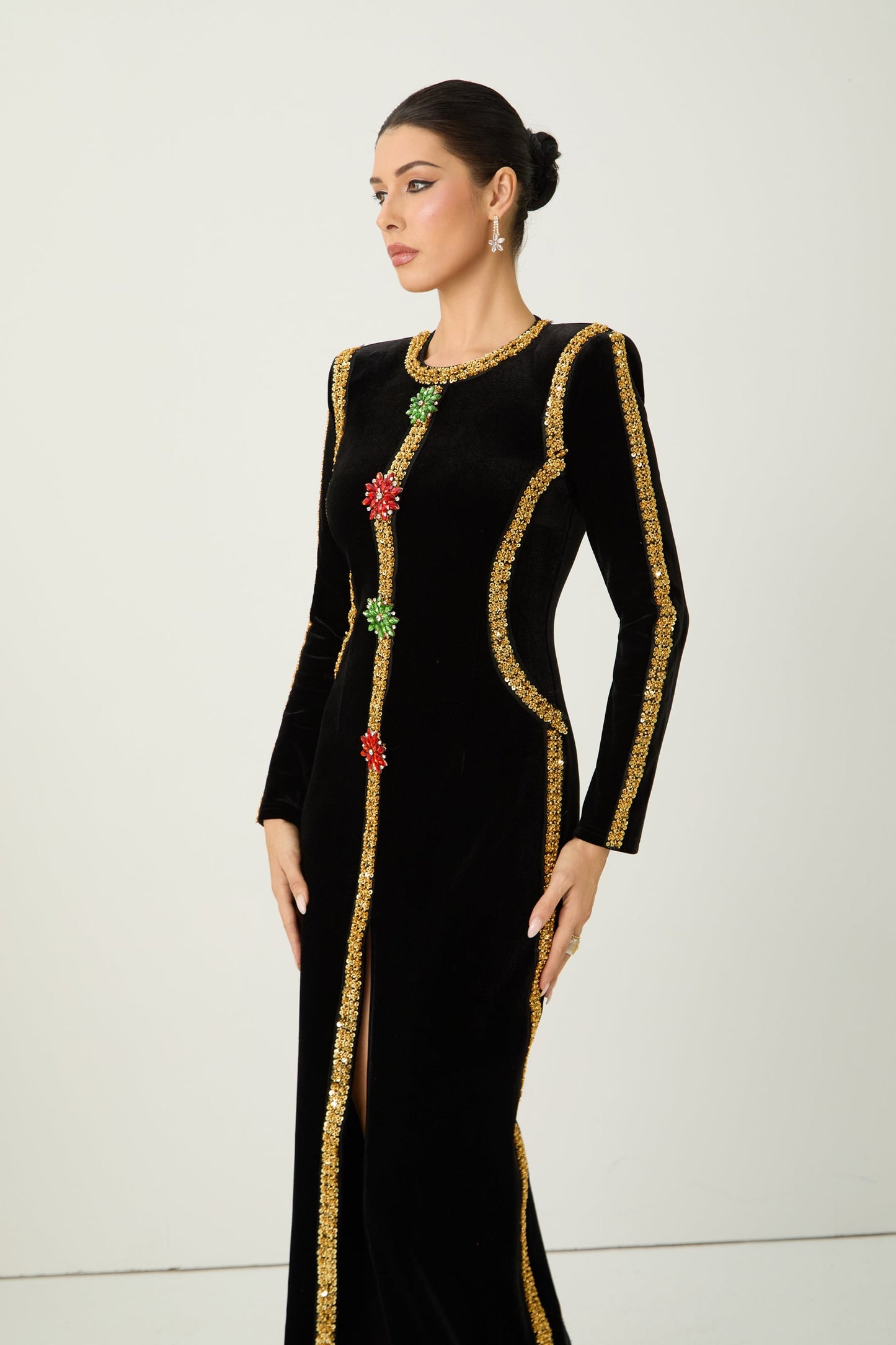 Willow Dramatic Black Sequin Trim Velvet Maxi Dress