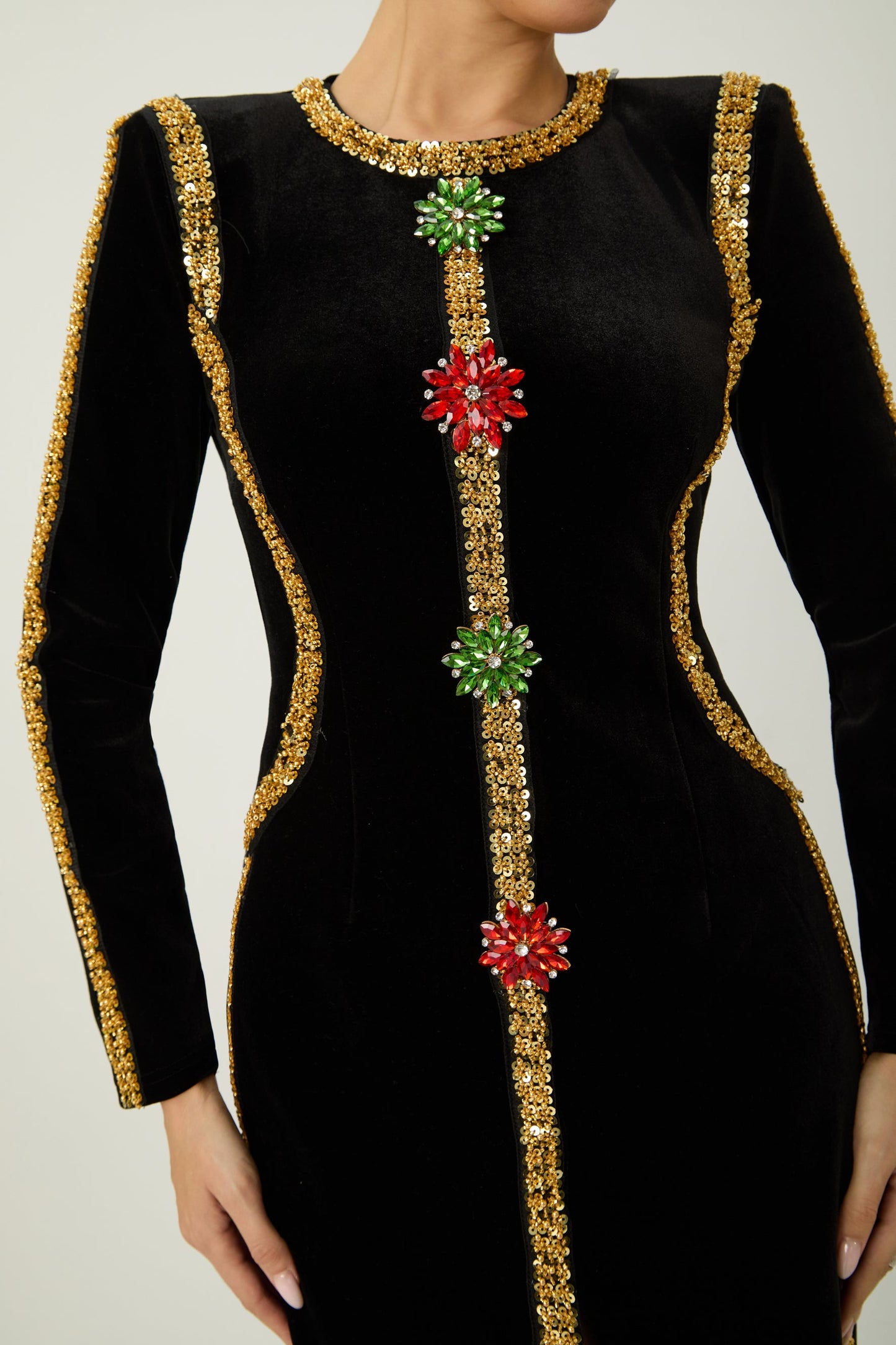 Willow Dramatic Black Sequin Trim Velvet Maxi Dress