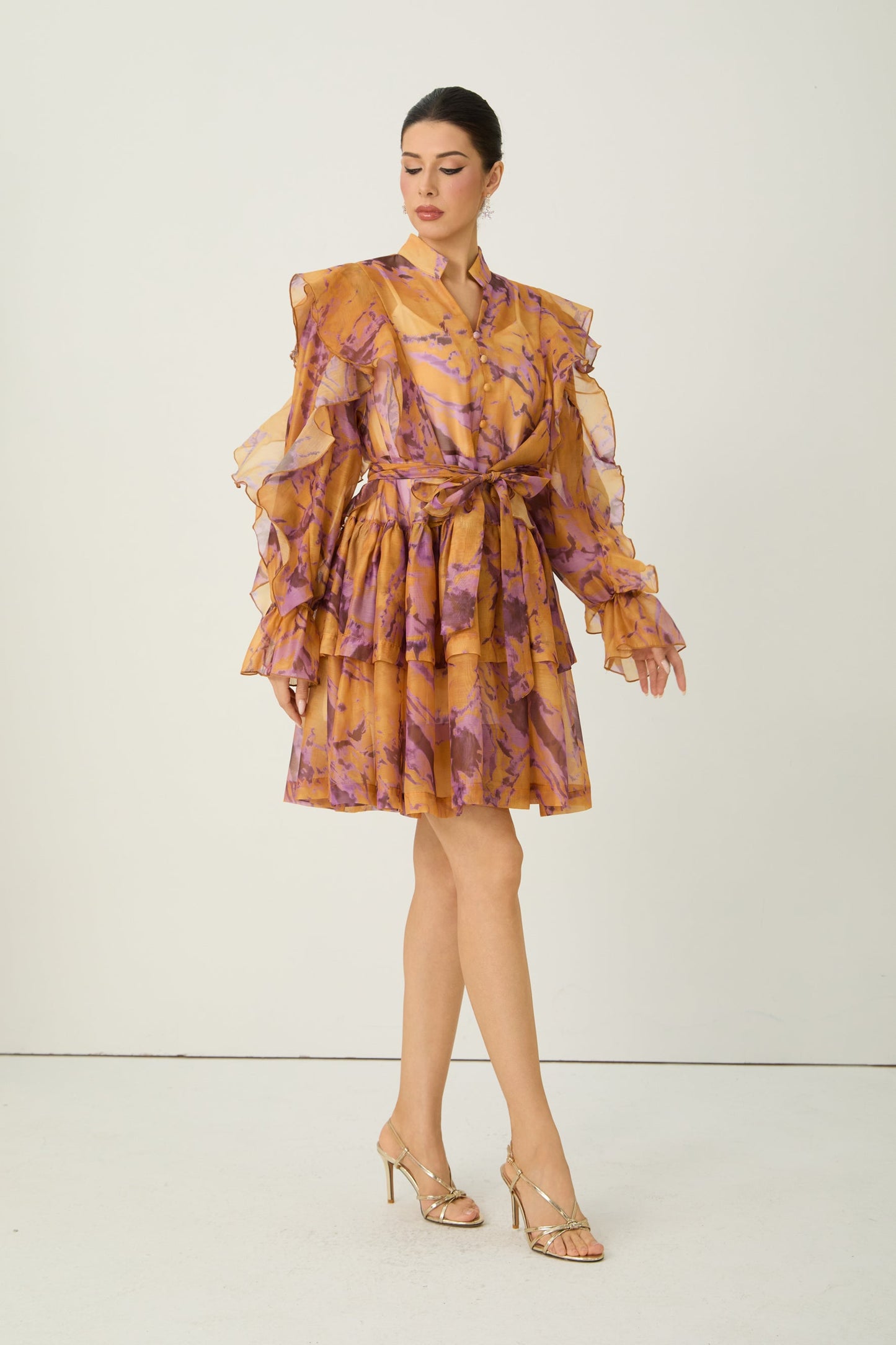 Freya Orange Abstract Print Ruffle Shoulder Mini Dress