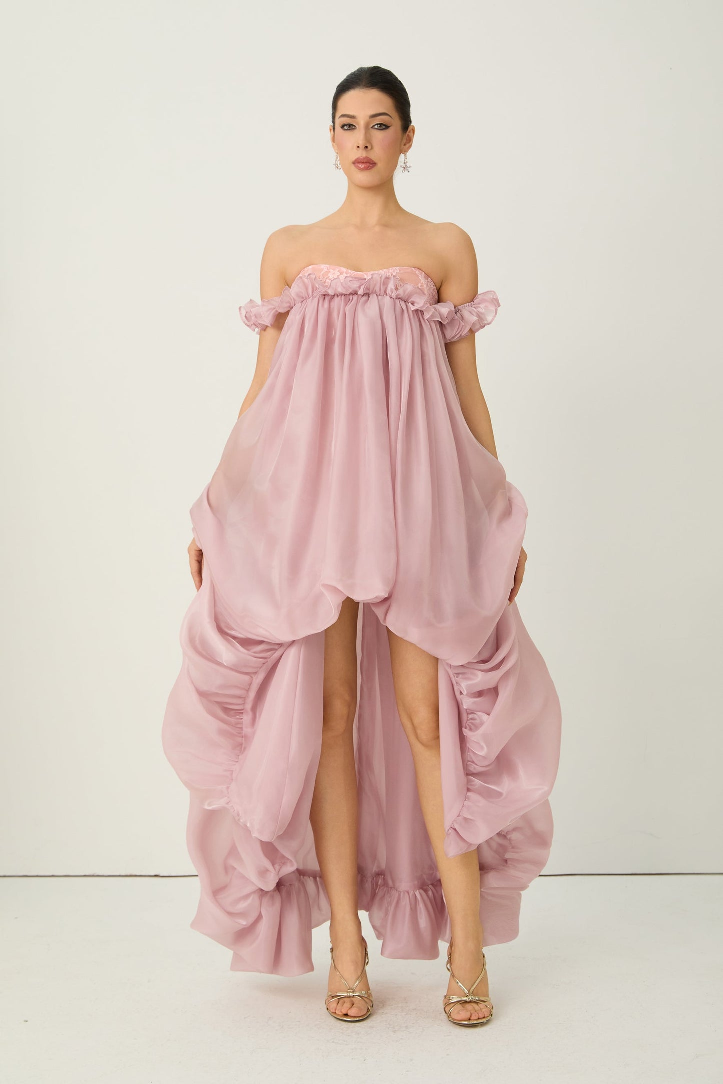 Eva Off Shoulder Pink Maxi Dress with Ruffled Hem