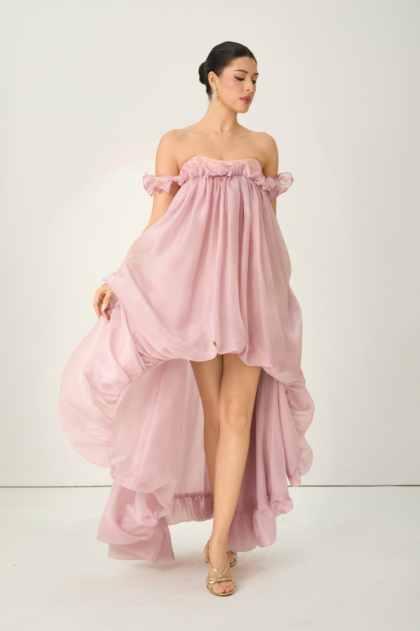 Eva Off Shoulder Pink Maxi Dress with Ruffled Hem