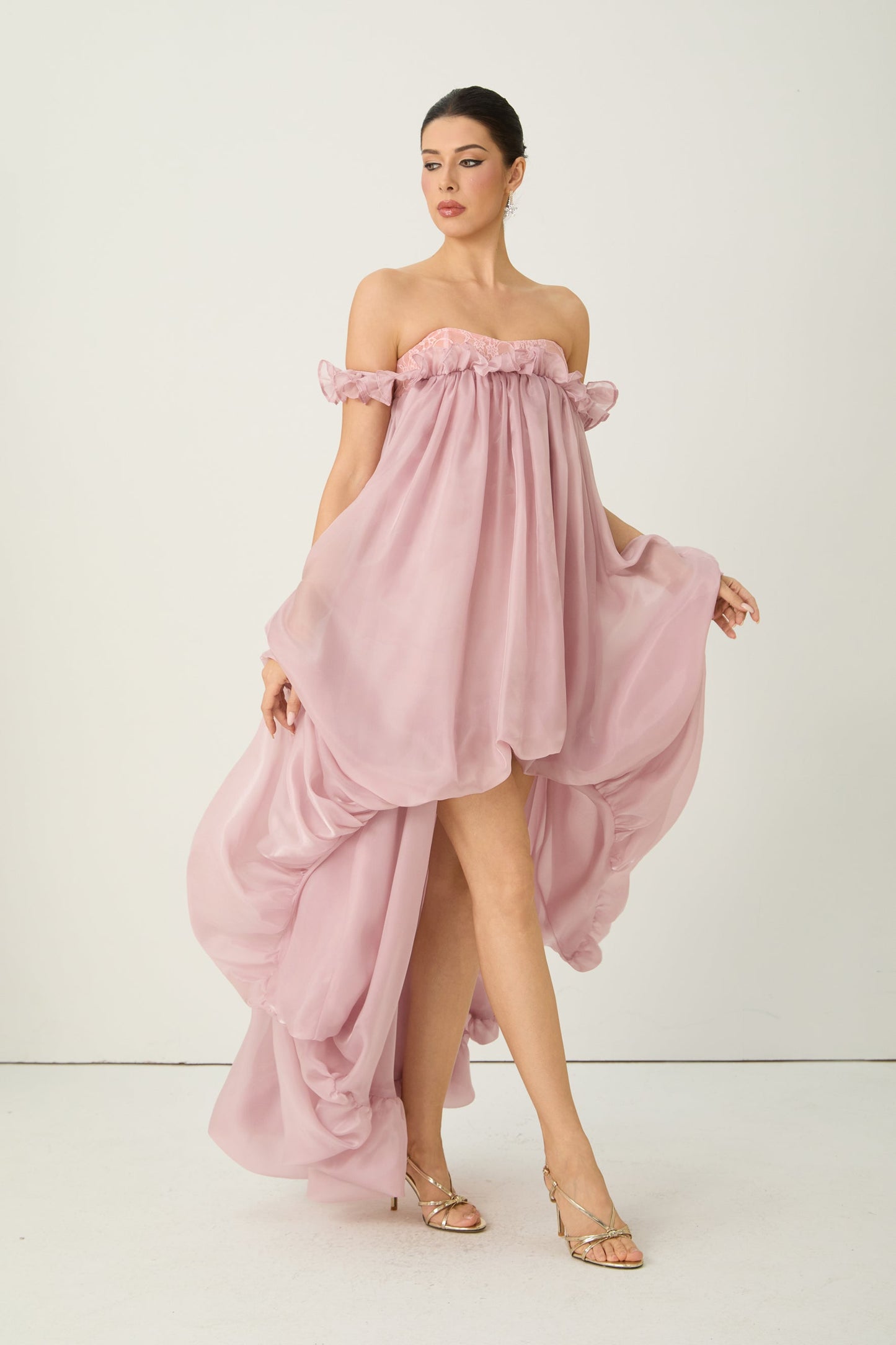 Eva Off Shoulder Pink Maxi Dress with Ruffled Hem