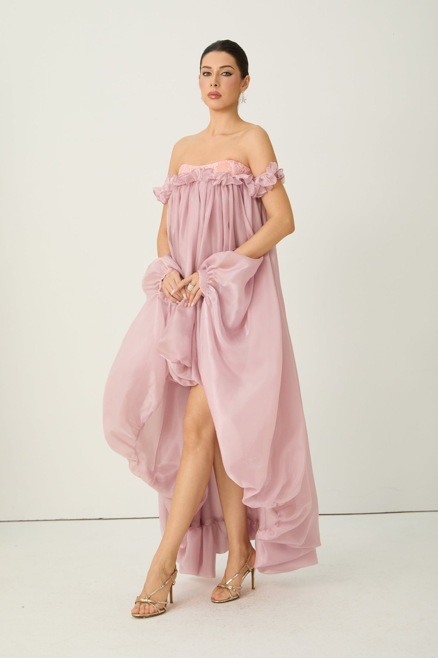 Eva Off Shoulder Pink Maxi Dress with Ruffled Hem