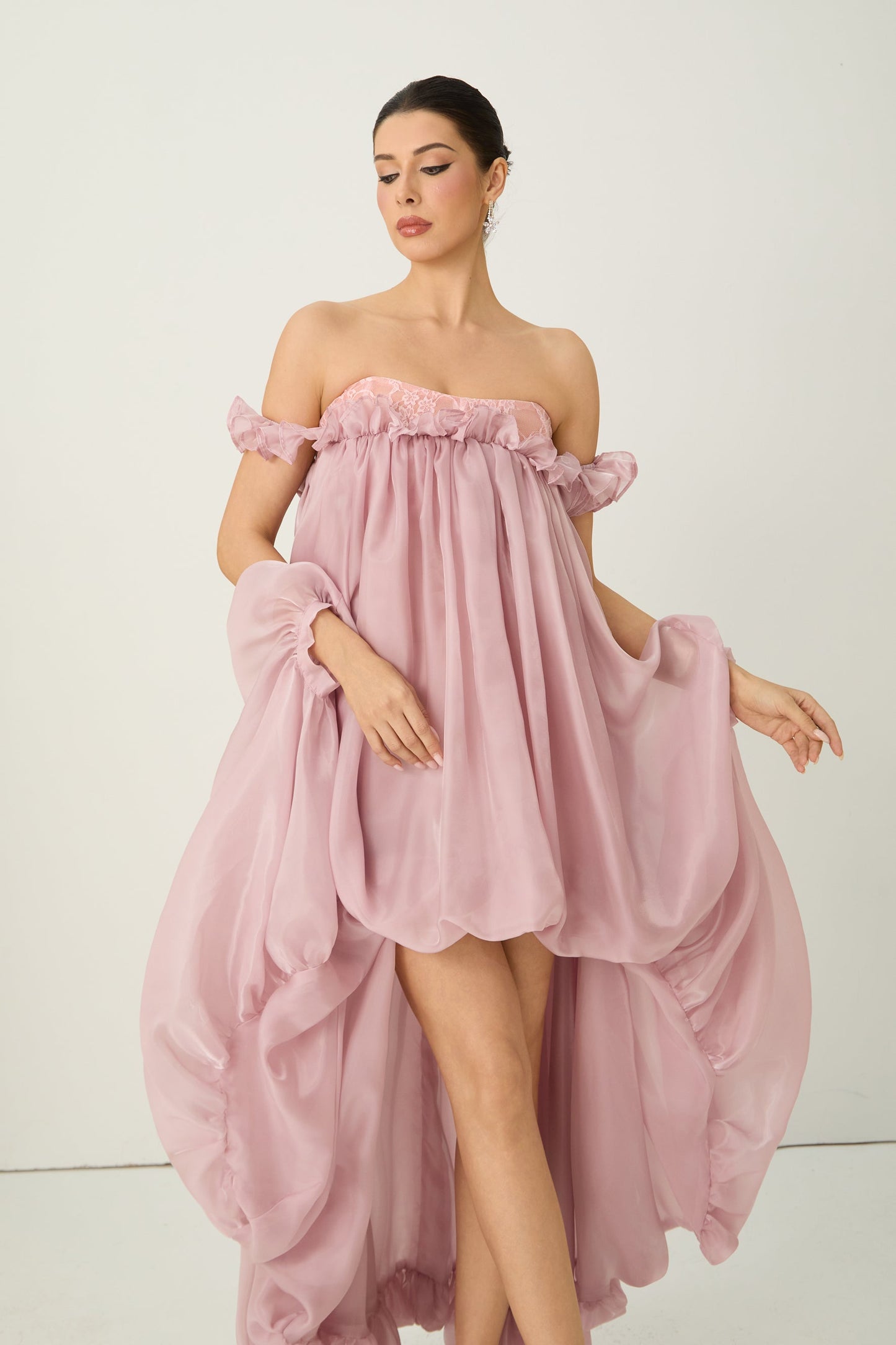 Eva Off Shoulder Pink Maxi Dress with Ruffled Hem